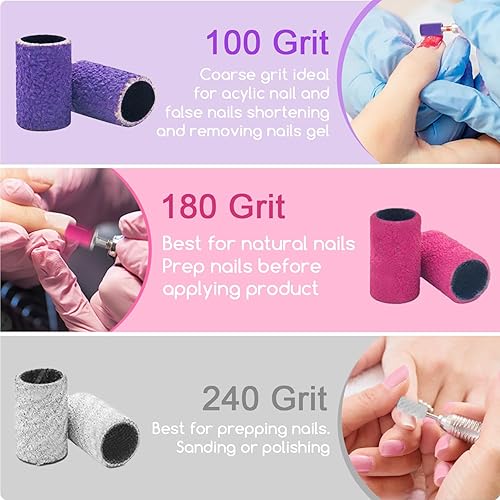Miniatura 3 de Juego de bandas de lijado para taladro de uñas, 300 bandas de grano grueso y fino (100#180#240#) con brocas de mandril de 332 pies para manicura