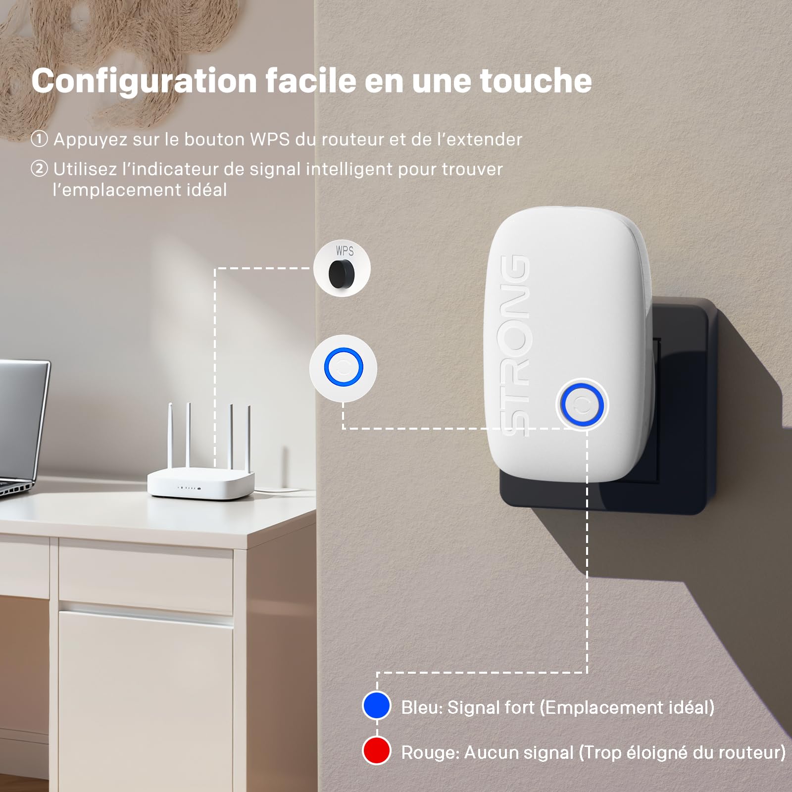 Strong Répéteur WiFi AC1200 pour Prise Murale – Amplificateur WiFi Puissant Dual Band, WiFi Repeater avec WPS, Port LAN, Mode Point d’accès, idéal pour Streaming et Plusieurs appareils