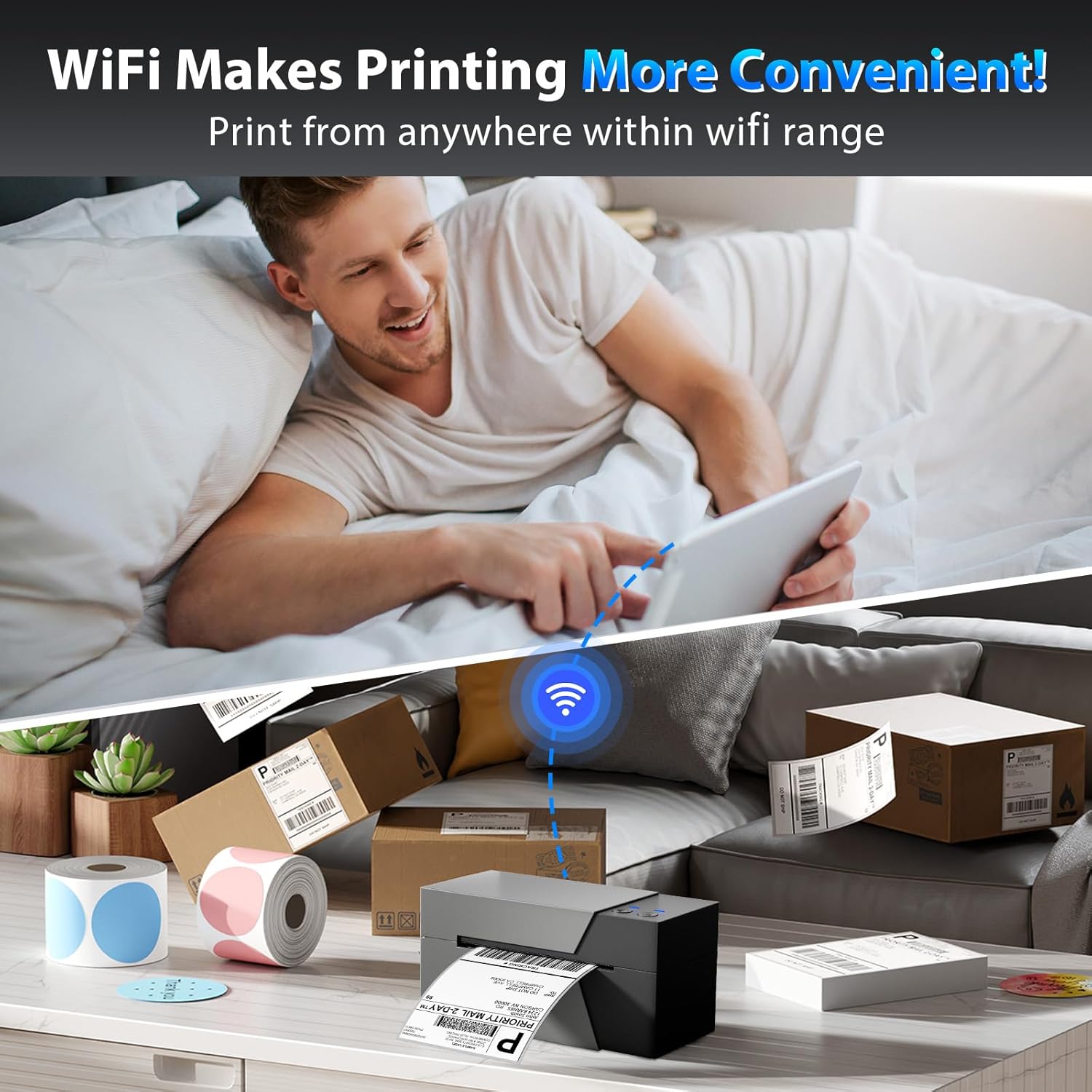 Person printing wirelessly from a tablet to the ASprink WiFi printer