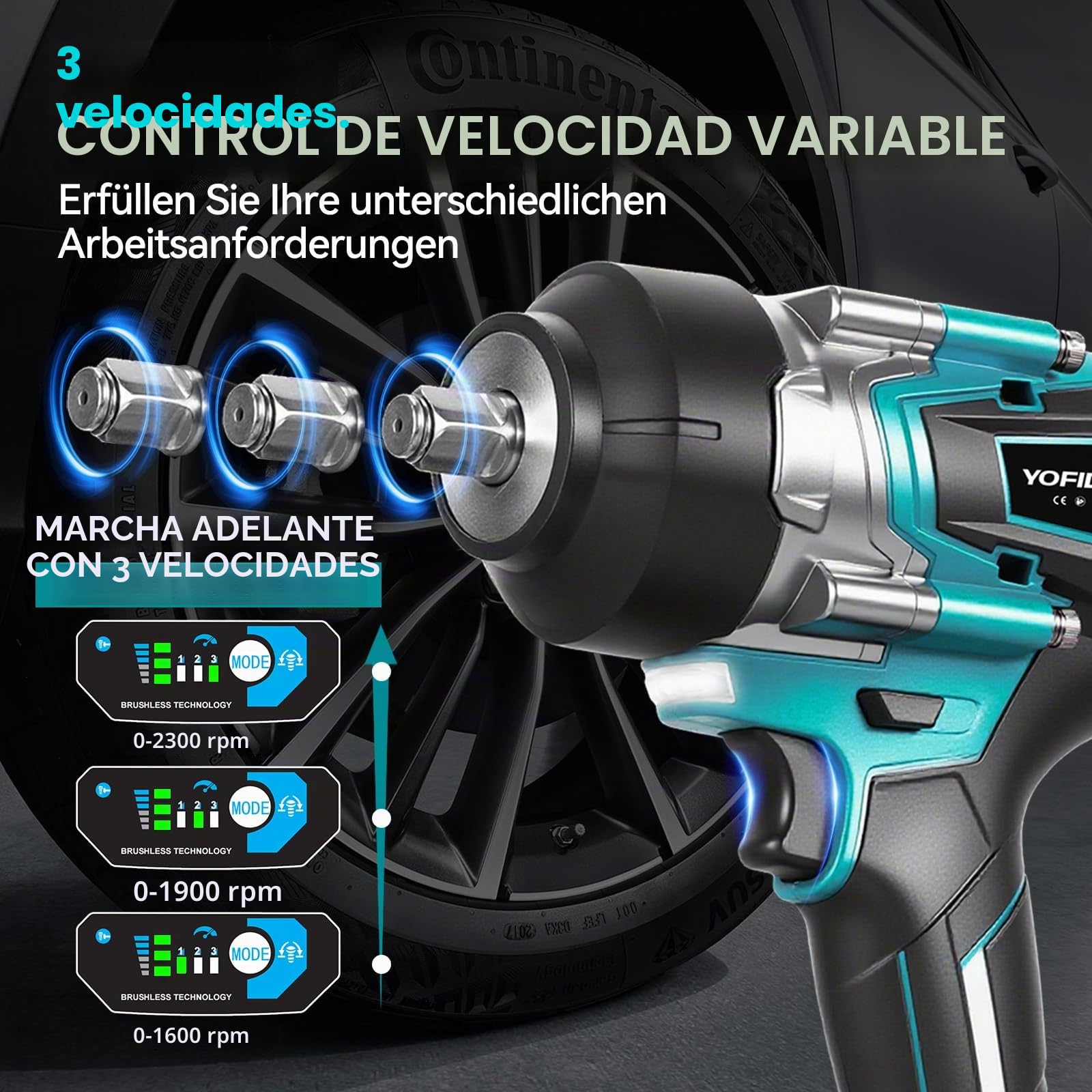 Yofidra Llave de Impacto Inalámbrica sin Escobillas 1700 Nm,1/2" Llave de Impacto Eléctrica 2 Batería 3000 mAh, 3 velocidades, luz LED, 4 vasos, Pistola de Impacto Baterías para y maquinaria pesada