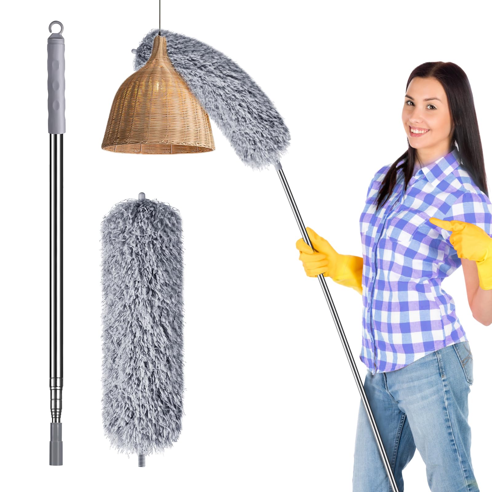 Lychico Extendable Feather Duster - Bendable Microfiber Duster with 96 inches Telescopic Pole, Bendable Head, Washable, for High Ceiling Fans, Cars, Blinds, Cobweb