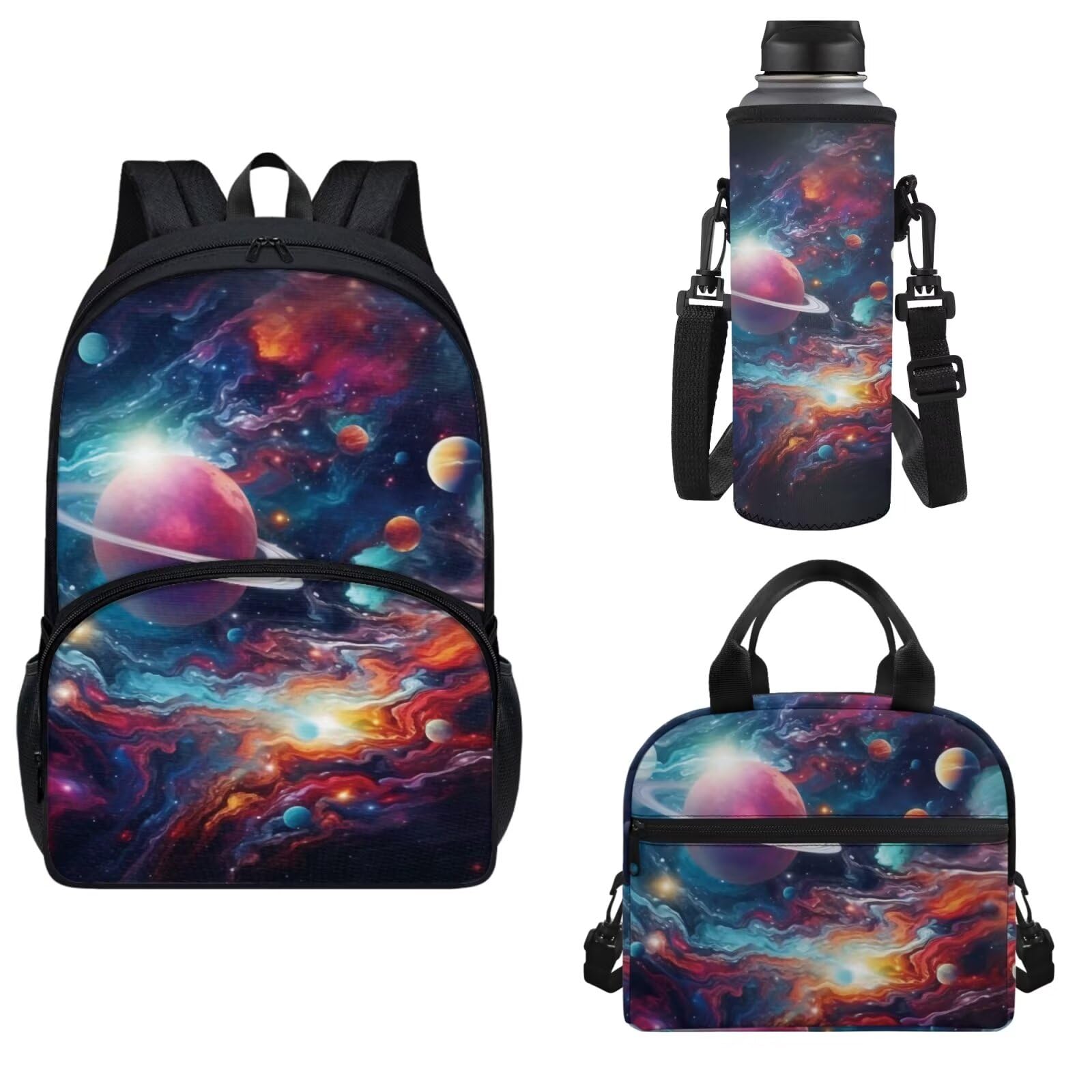 Horeset Starry Sky Planet Print Backpack for Boys Girls School Bag with Lunch Box+Water Bottle Bag(3 in 1), Casual Rucksack Elementary School Bookbag