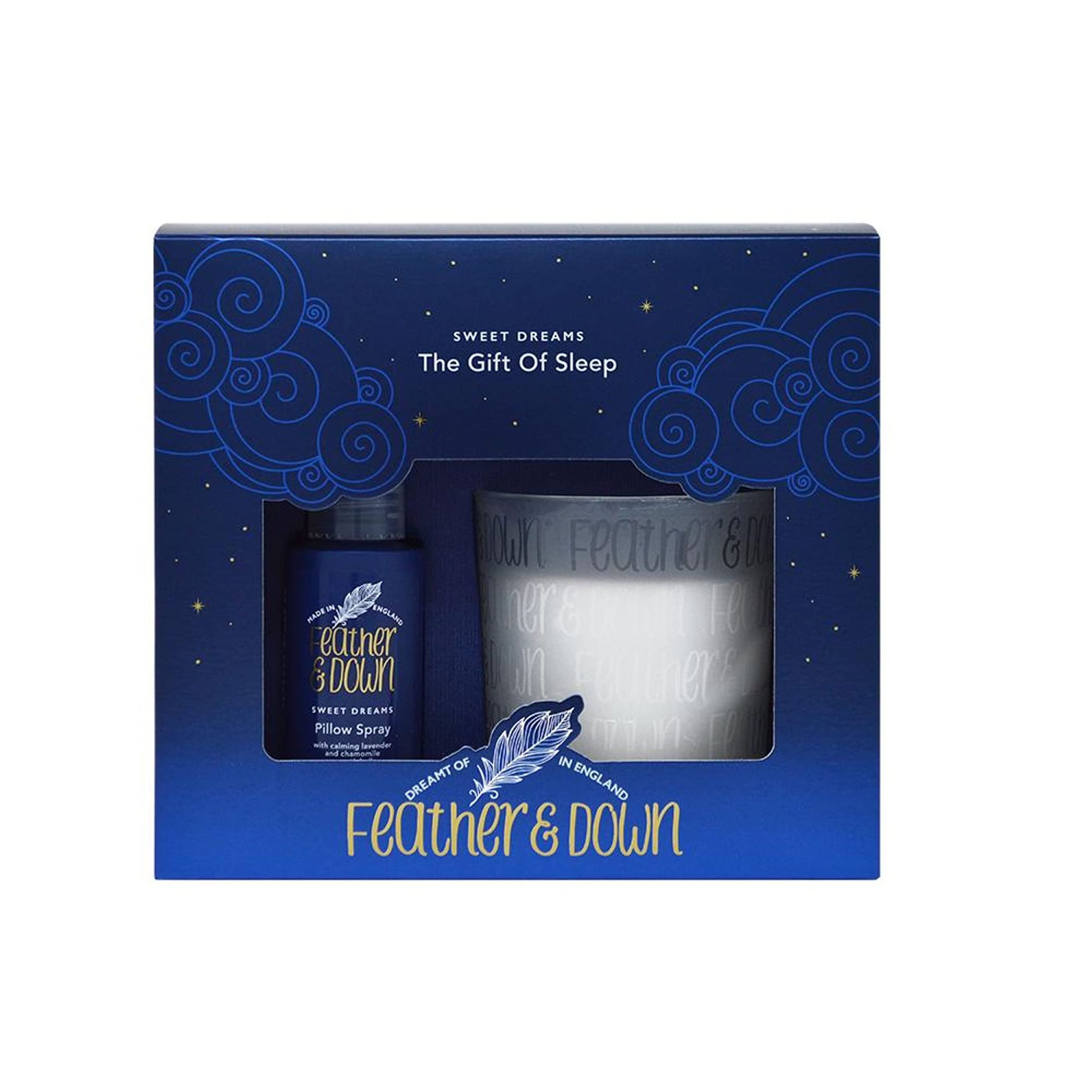 Feather & Down Sweet Dream Gift of Sleep (50ml Pillow Spray & 140g Calming Candle) Lavender Chamomile Essential Oils, Mother's Day Gift Set