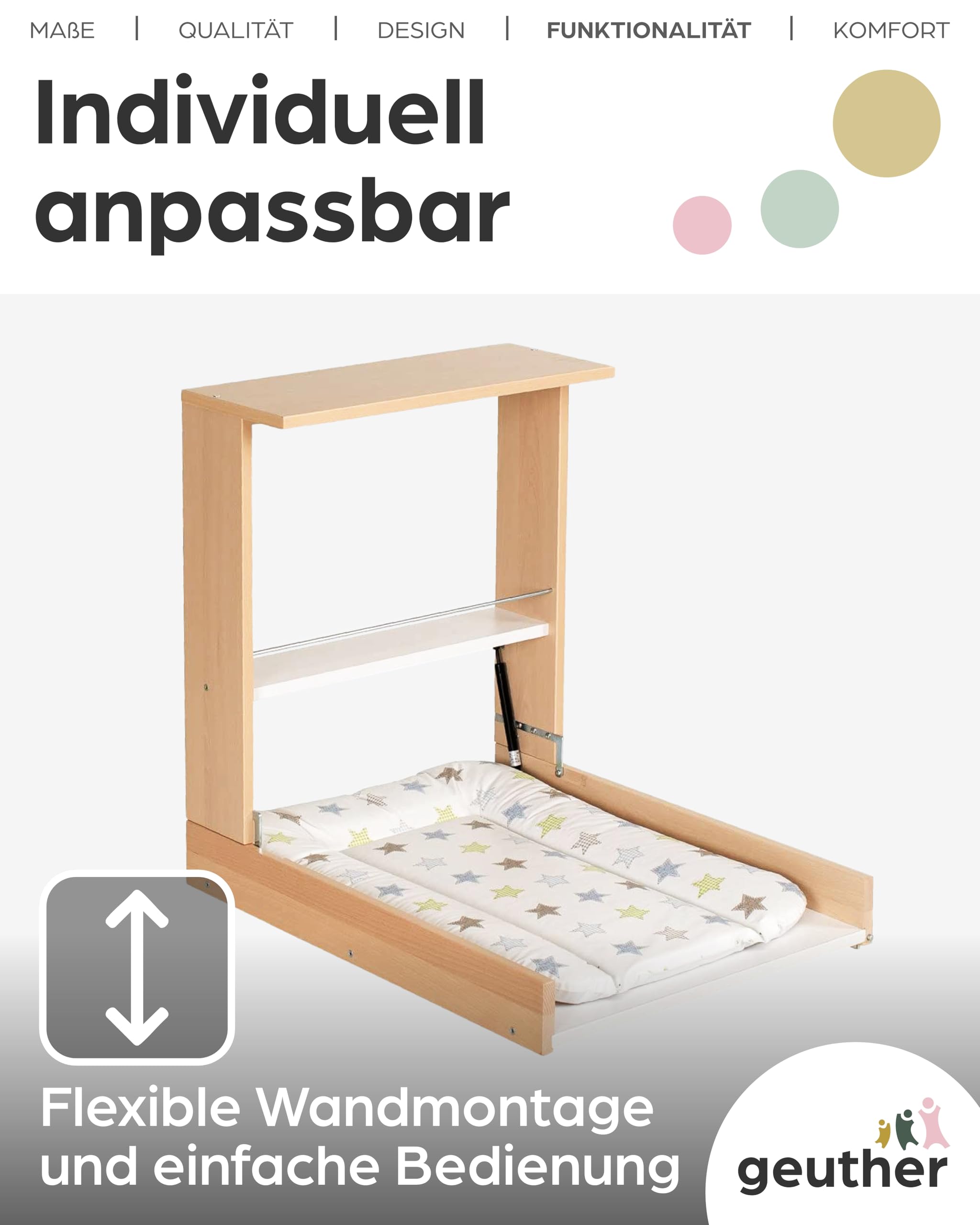 Geuther Wand Wickelregal Wicki I Wickeltisch klappbar inkl. Wickelauflage I Platzsparende Wickelkommode klappbar für Babyzimmer I Wandwickeltisch mit Regalfach I Wickelunterlage abwaschbar | Natur
