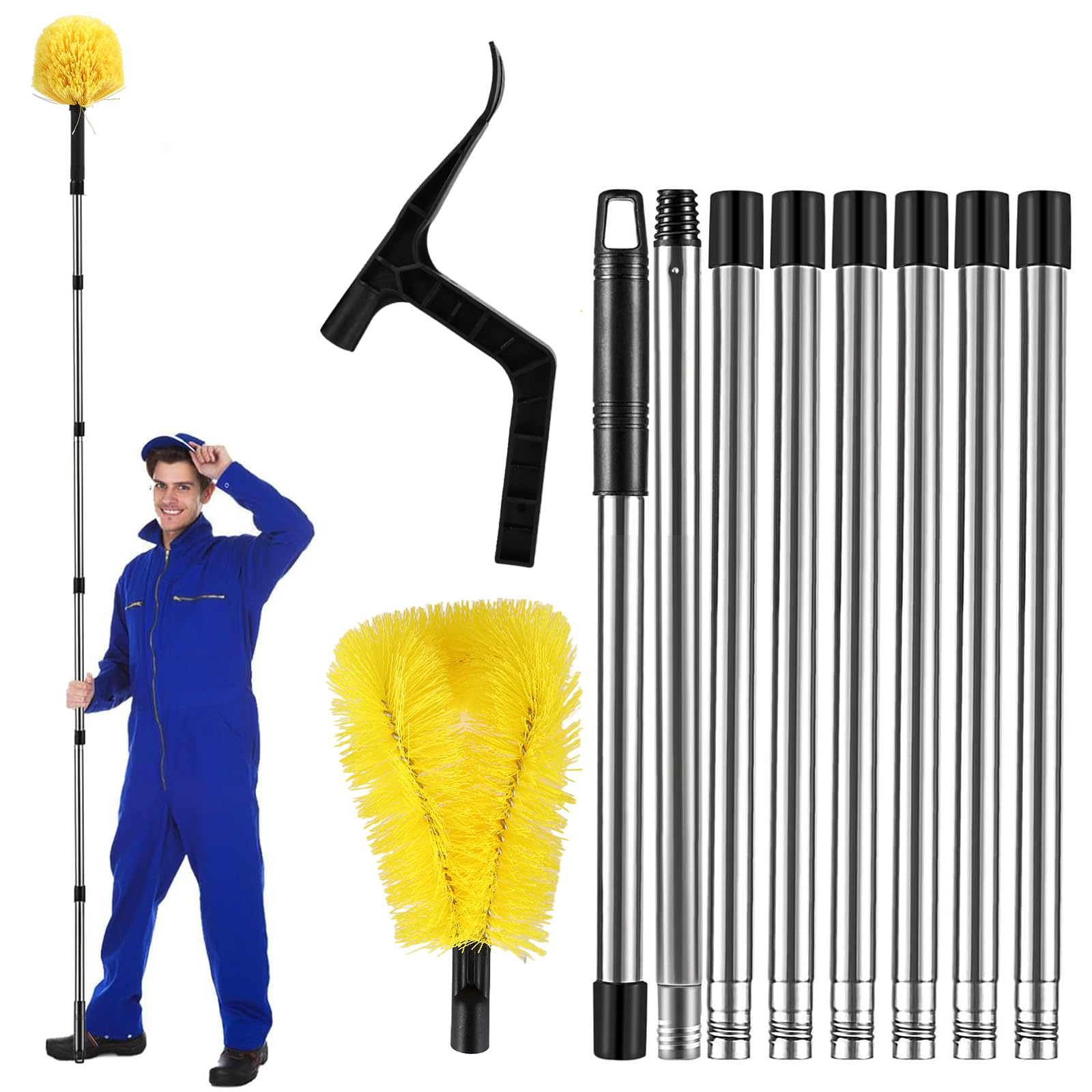 2‑in‑1 Gutter Cleaning Tools - 320 cm Telescopic Gutter Cleaner with 8 Extension Poles, Brush & Leaf Shovel, Gutter Cleaning Brush for Leaves, Debris, Window Gutter