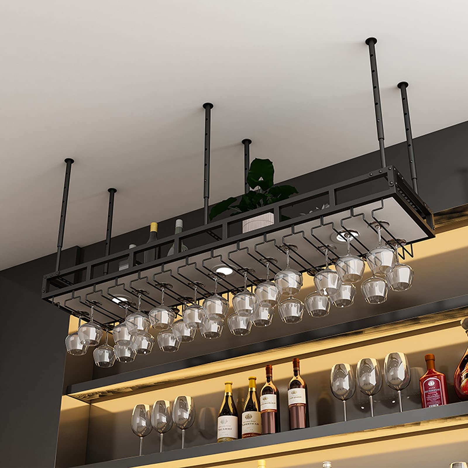 Casier à vin en fer forgé réglable avec support de verre suspendu pour bar