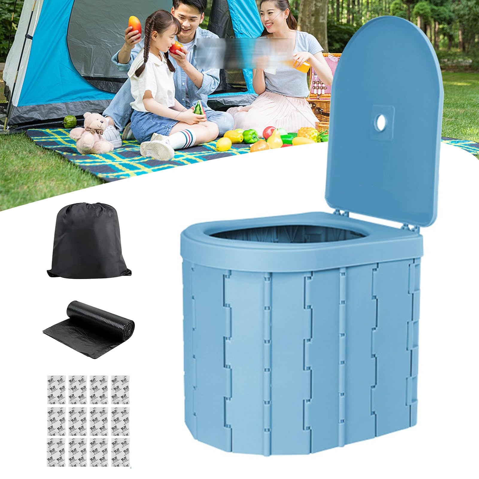 Przenośna toaleta na kemping, Przenośna toaleta dla dorosłych składana z pokrywką Camping Travel Floding Toaleta, Łatwa konfiguracja, Toaleta podróżna(Blue)