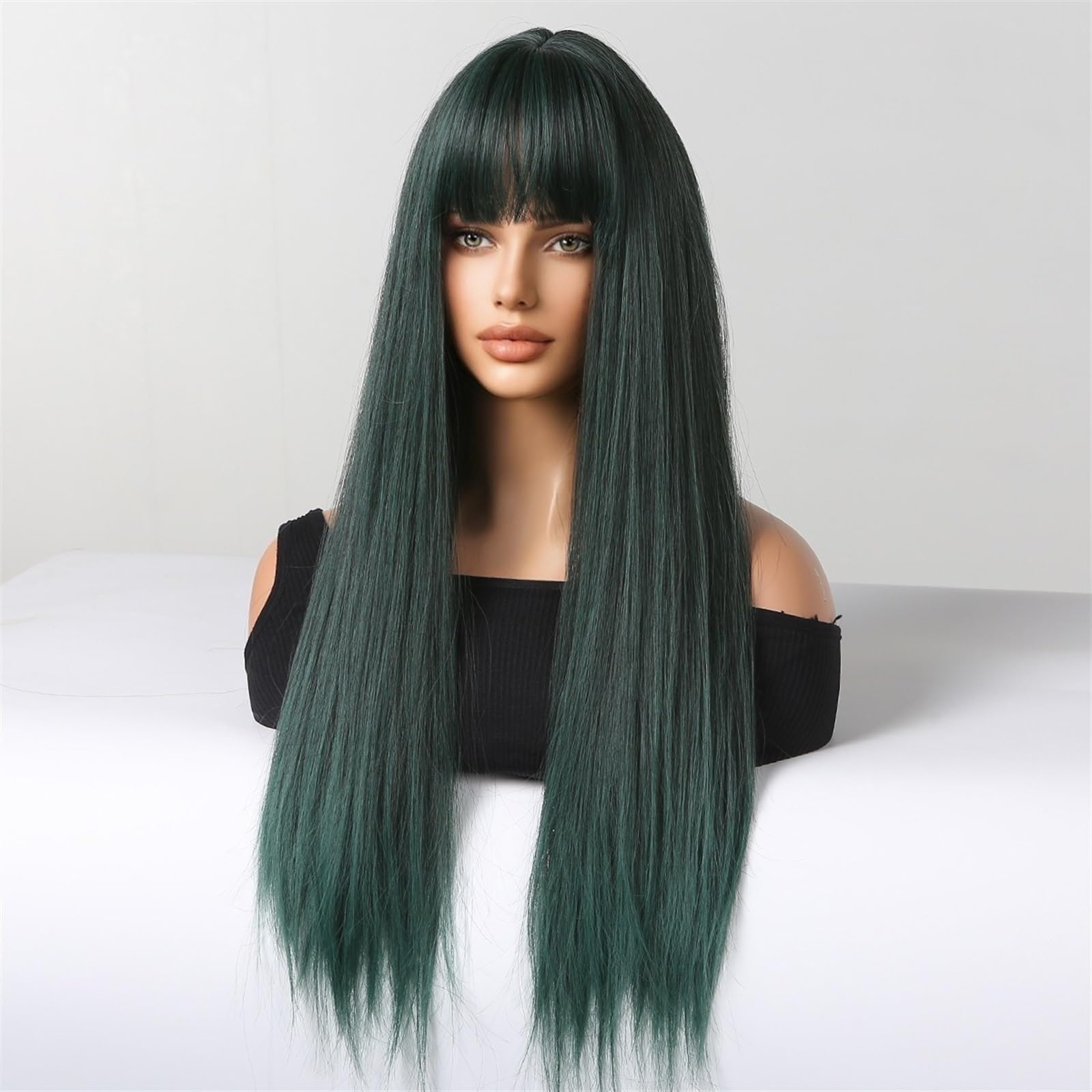 peruki Syntetyczne ciemnozielone peruki Ombre dla kobiet długie proste zielone peruki na co dzień z grzywką włókno termoodporne sztuczne włosy Peruka na imprezę cosplay (Color : 1085-2)