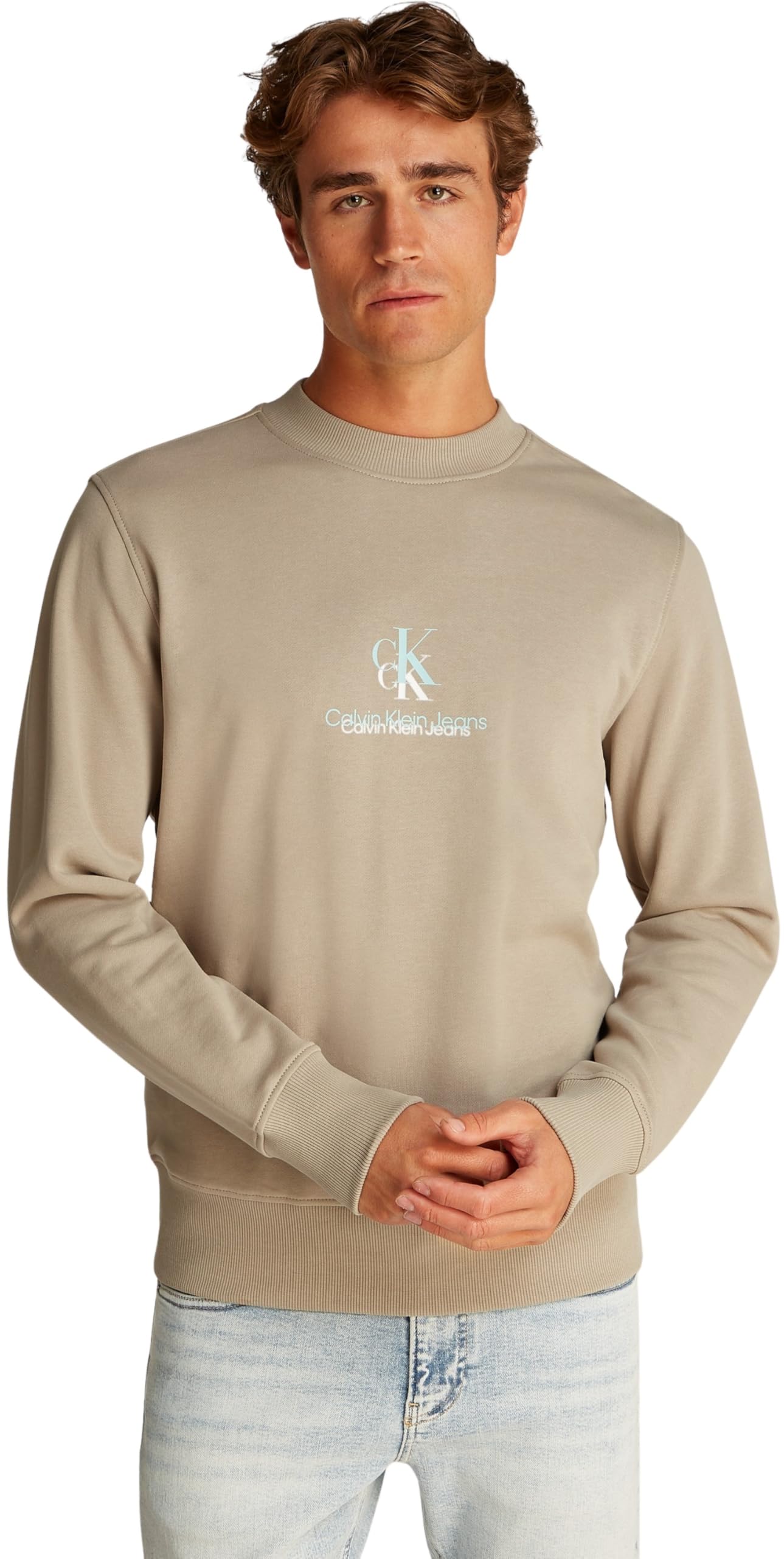 Calvin Klein Men’s Crew Neck Shadow Logo Regular Fit Sweatshirt, Beige (Aluminum), XS