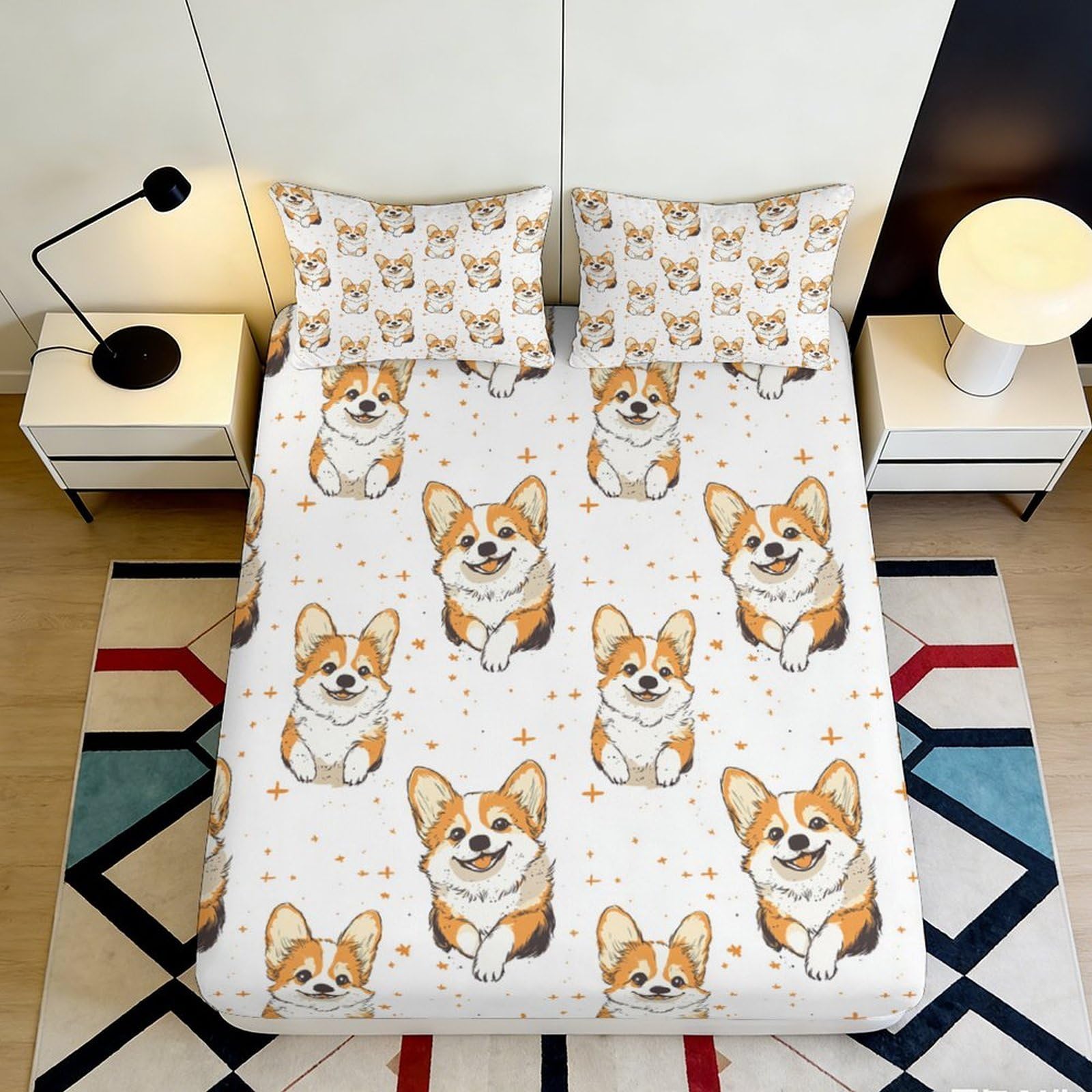 3D Printed Corgi Dog Fitted Sheet Microfiber Soft Breathable Cartoon Animal Bed Sheet for Bedroom Guest Room Decor 90x200x25cm
