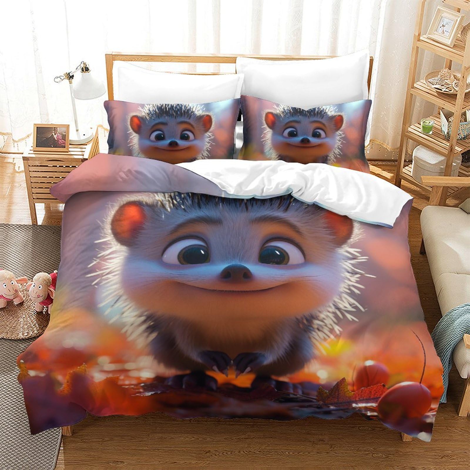 Parure de lit hérisson imprimé 3D en microfibre 200x200 cm avec taies