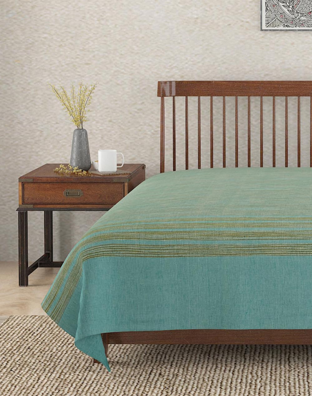 Fabindia Teal Haiba Cotton Hand Woven 250 GSM Bed Cover-Double-image-45