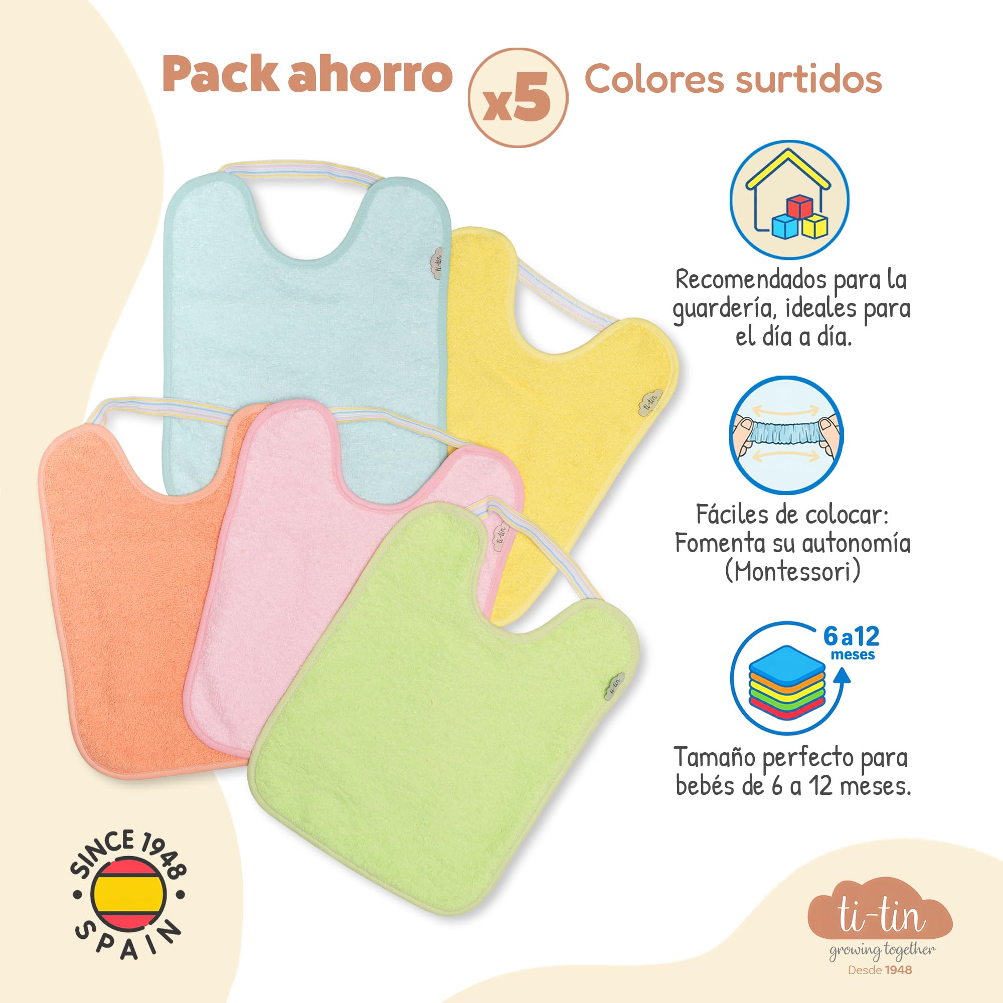 Ti TIN Pack 5 Baberos Bebé Impermeables y Absorbentes - 6 a 12 Meses - Ideal Guardería con Goma Elástica y Rizo de Algodón Extra Suave