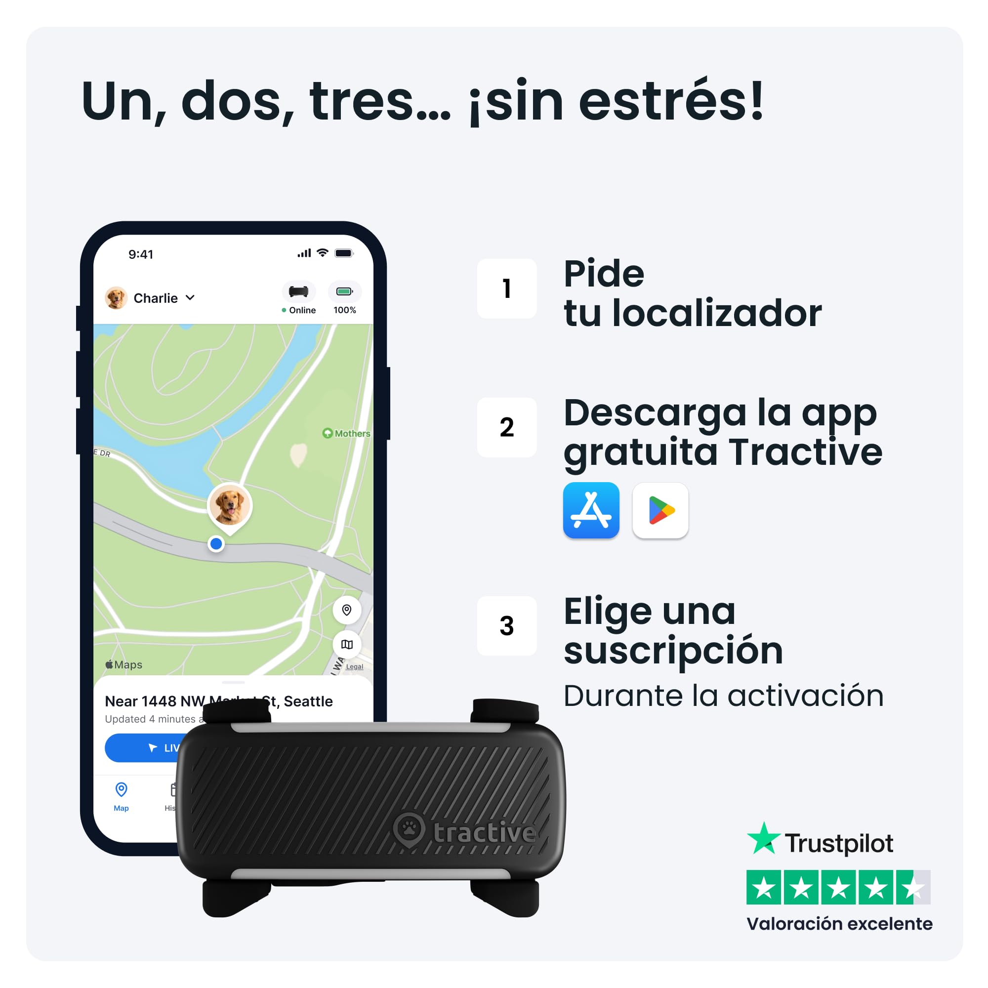 Tractive GPS para Perros Inteligente - Bundle con Funda Verde Oliva | 2025 Edición | Localización GPS en Tiempo Real | Alertas Antifuga y Avisos de Salud | Monitor de Constantes Vitales (Negro)