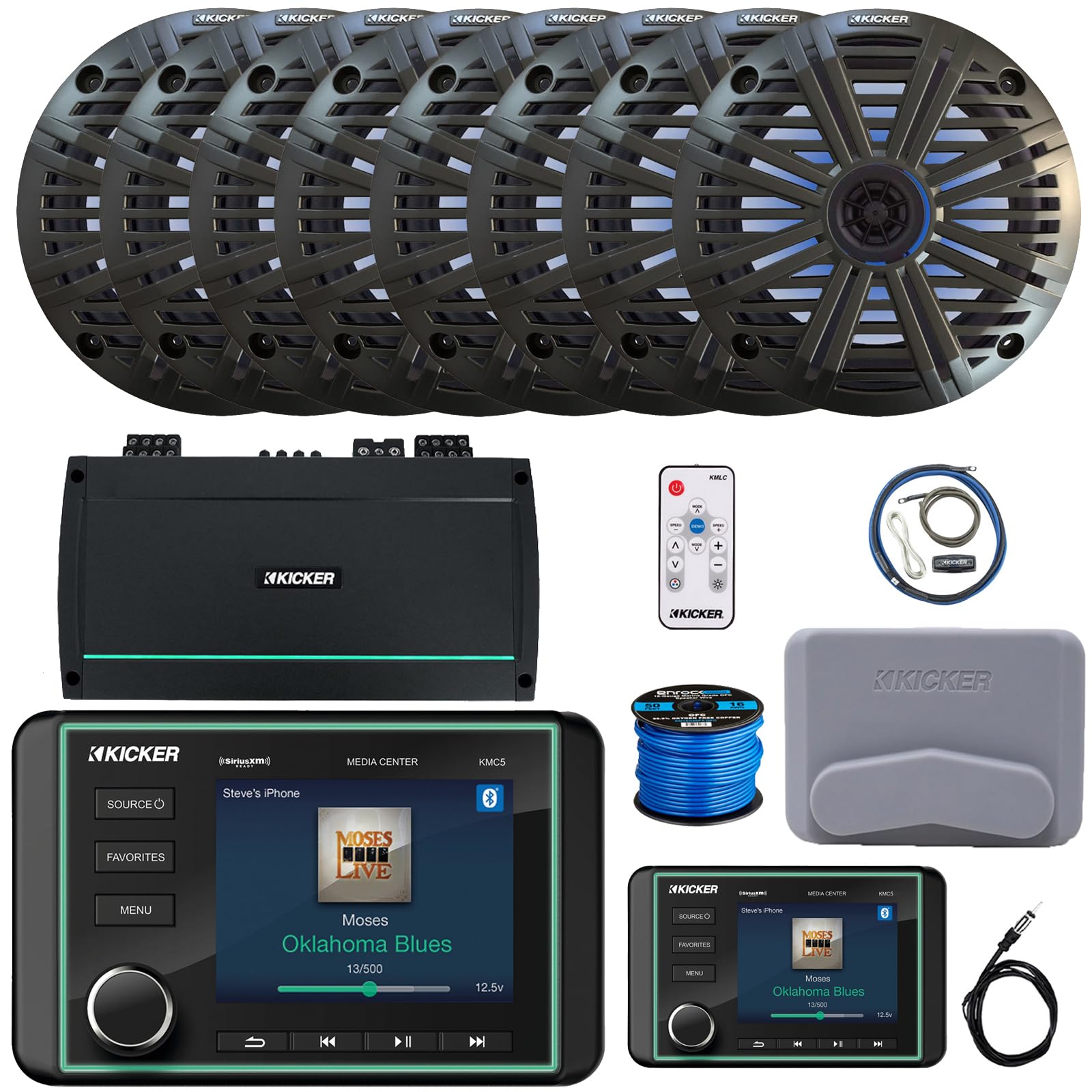 Kicker KMC5 3.5" Marine Bluetooth USB/AUX WB AM/FM Gauge Style Receiver W/Controller, 8X 6.5 195W Peak RGB LED Speakers W/Charcoal Grilles + LED Controller, 8-Channel Amplifier W/Kit, Antenna, Wire