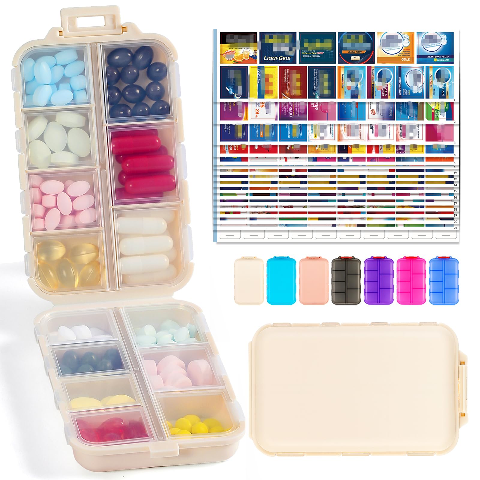 Travel Pill Organizer with Bulk Stickers Labels - Small Portable Week Daily Medicine Pharmacy for Pocket Bag -