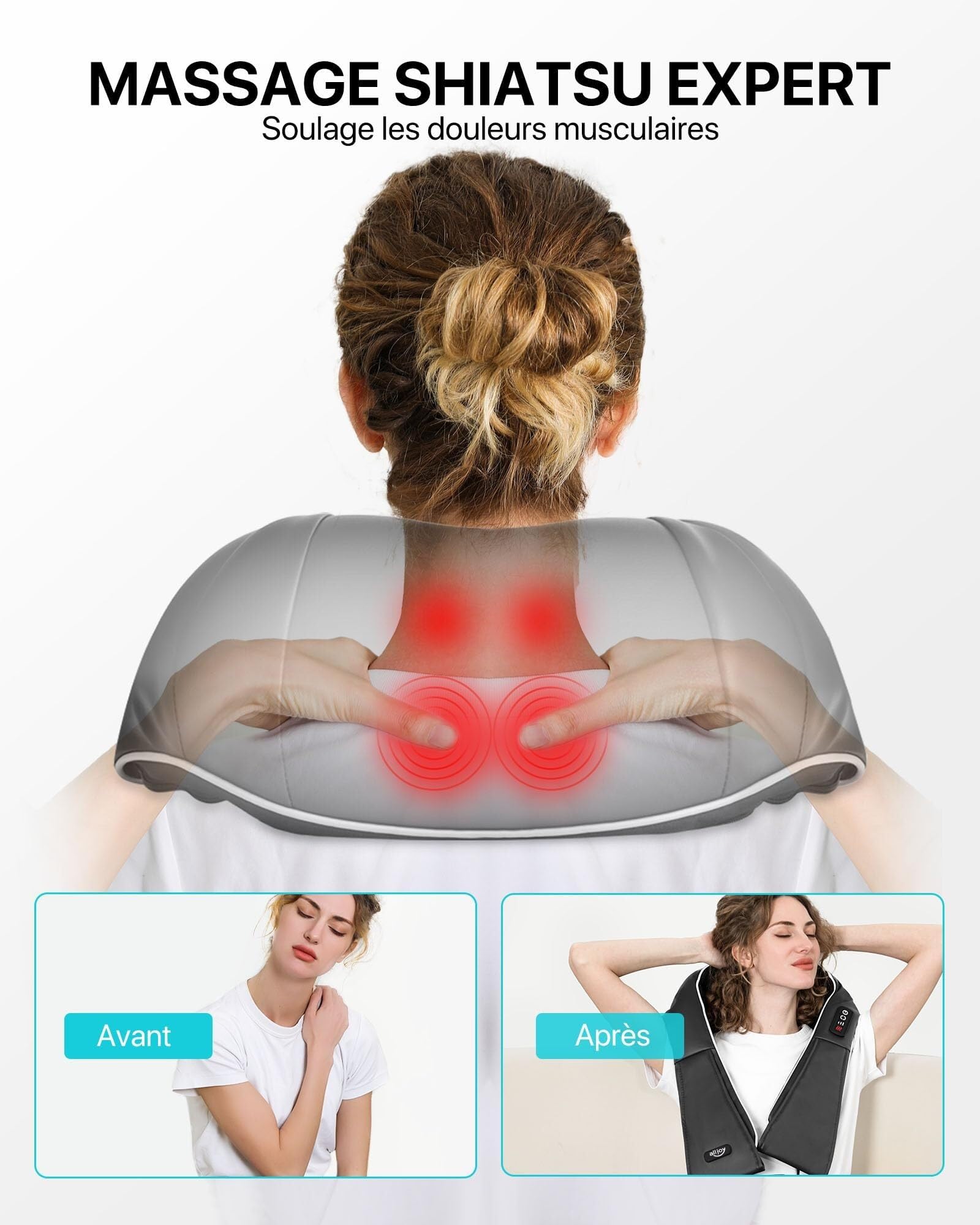 Masażer karku, masażer szyi i ramion z ogrzewaniem, elektryczny masaż Shiatsu 3D z trzema regulowanymi prędkościami, prezent dla mężczyzn i kobiet (czarny)