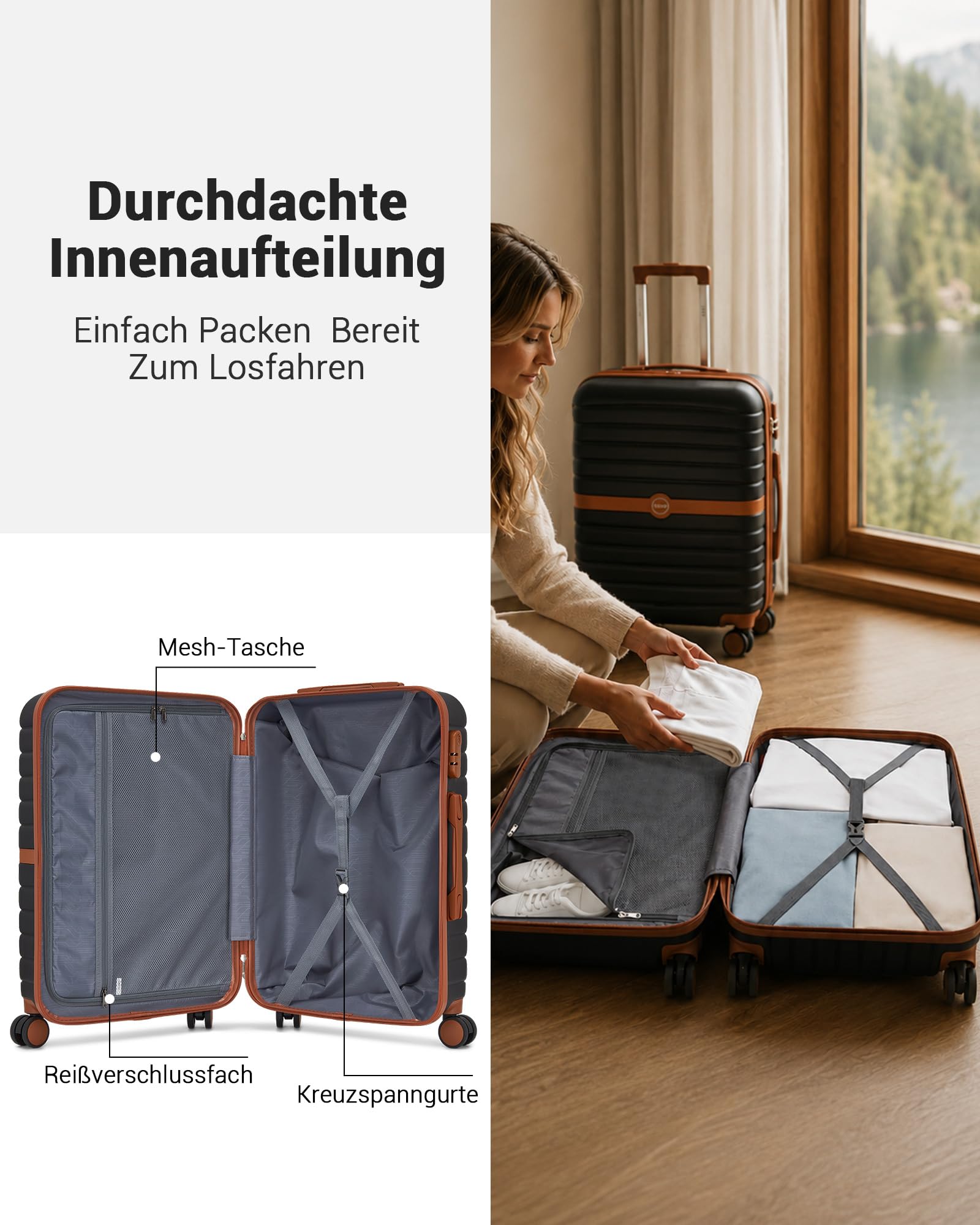 KONO Koffer Reisekoffer Trolley Handgepäck Koffer 55x40x20cm von ABS+PC Hartschalenkoffer mit Zwillingsrollen und Zahlenschloss(Schwarz/Braun, 55cm)