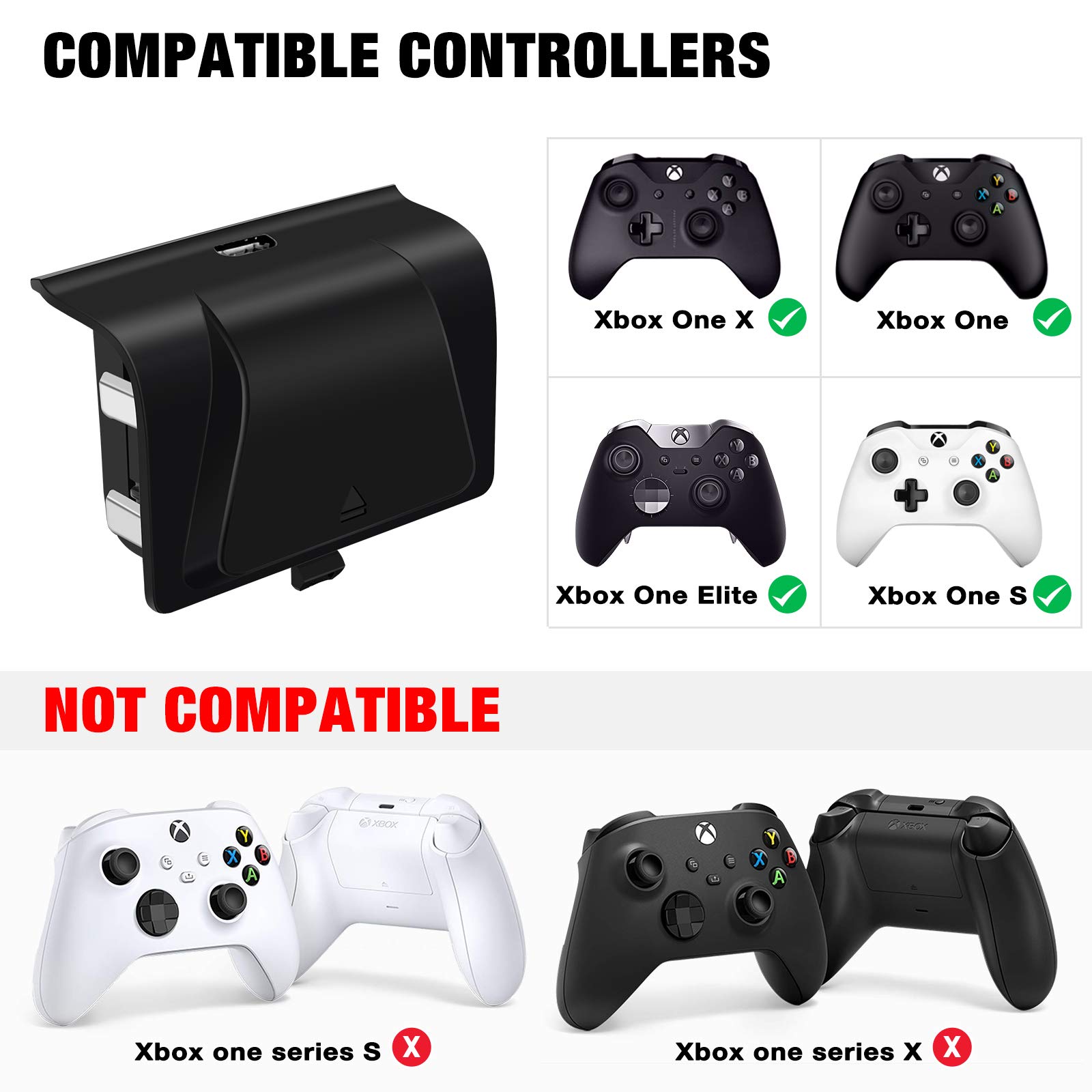 Lot de 2 batteries rechargeables 1200 mAh pour manette sans fils Xbox One/S/X/Elite avec câble micro USB de 1,2 m et indicateur de charge LED