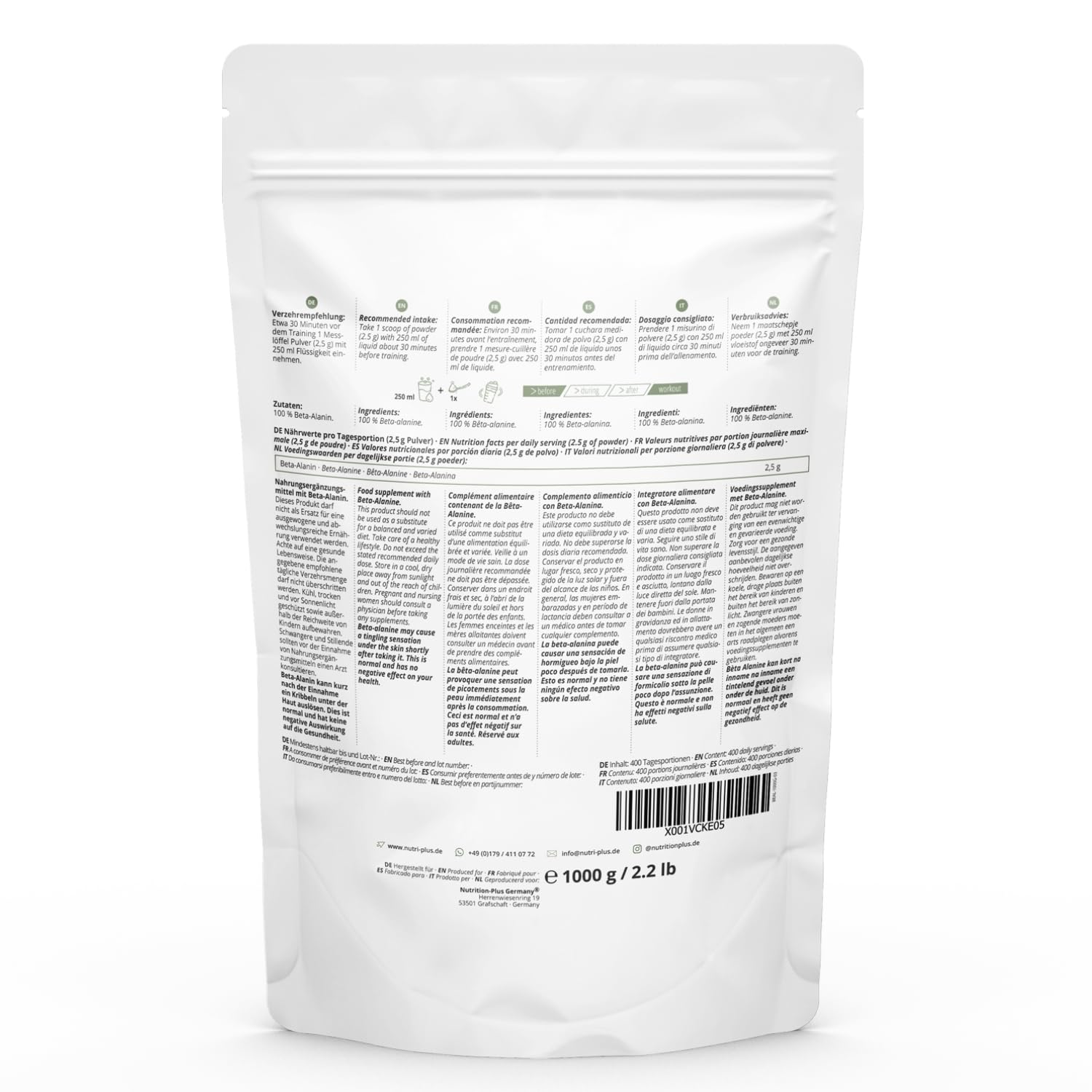 Nutri + Beta Alanina in Polvere 1 kg - vegana pura ad alto Dosaggio e senza Additivi - Booster pre-Allenamento - ß Alanine vegan Powder - Energizzante Sport 1000 g