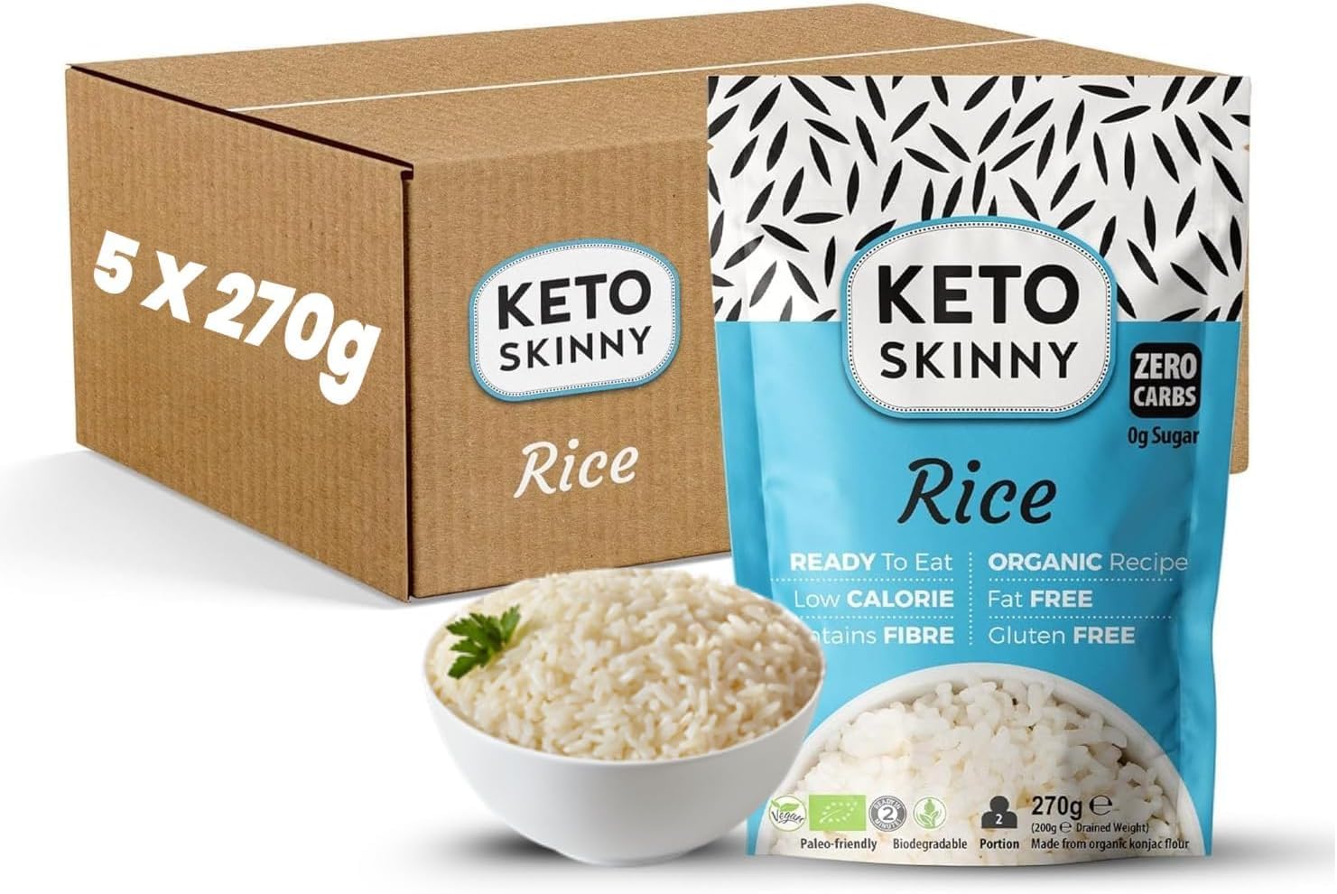 Keto Skinny Shirataki Rice (Pack of 5 x 270g) with Organic Konjac Flour | Keto & Paleo Friendly | Vegan | Zero Sugar | Low Carb | Low Calorie Food