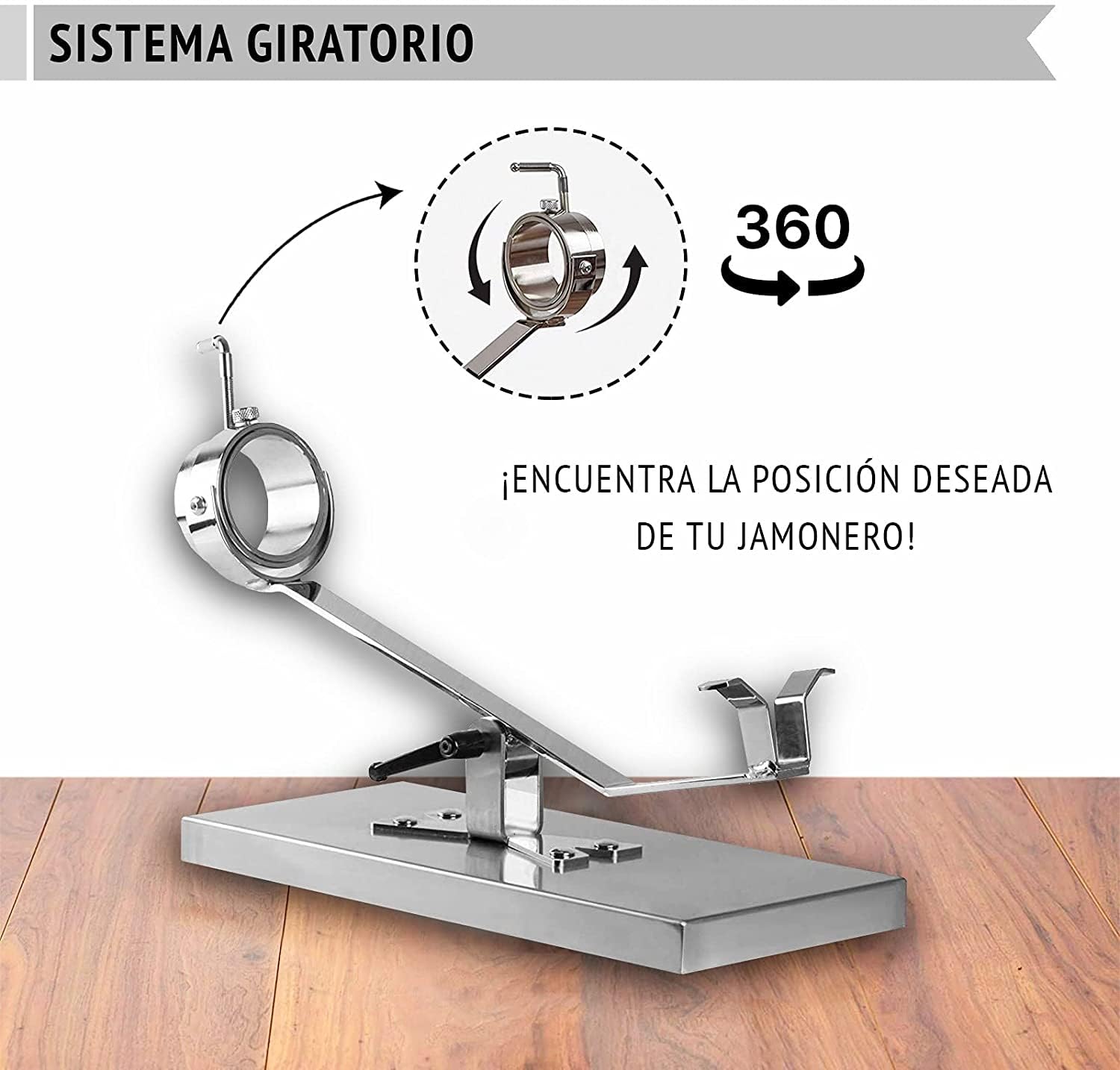 BRICOMIRAS JAMONERO BASCULANTE GIRATORIO CON BASE INOXIDABLE. SOPORTE JAMONERO IDEAL USO DOMÉSTICO Y PROFESIONAL (Inoxidable solo)