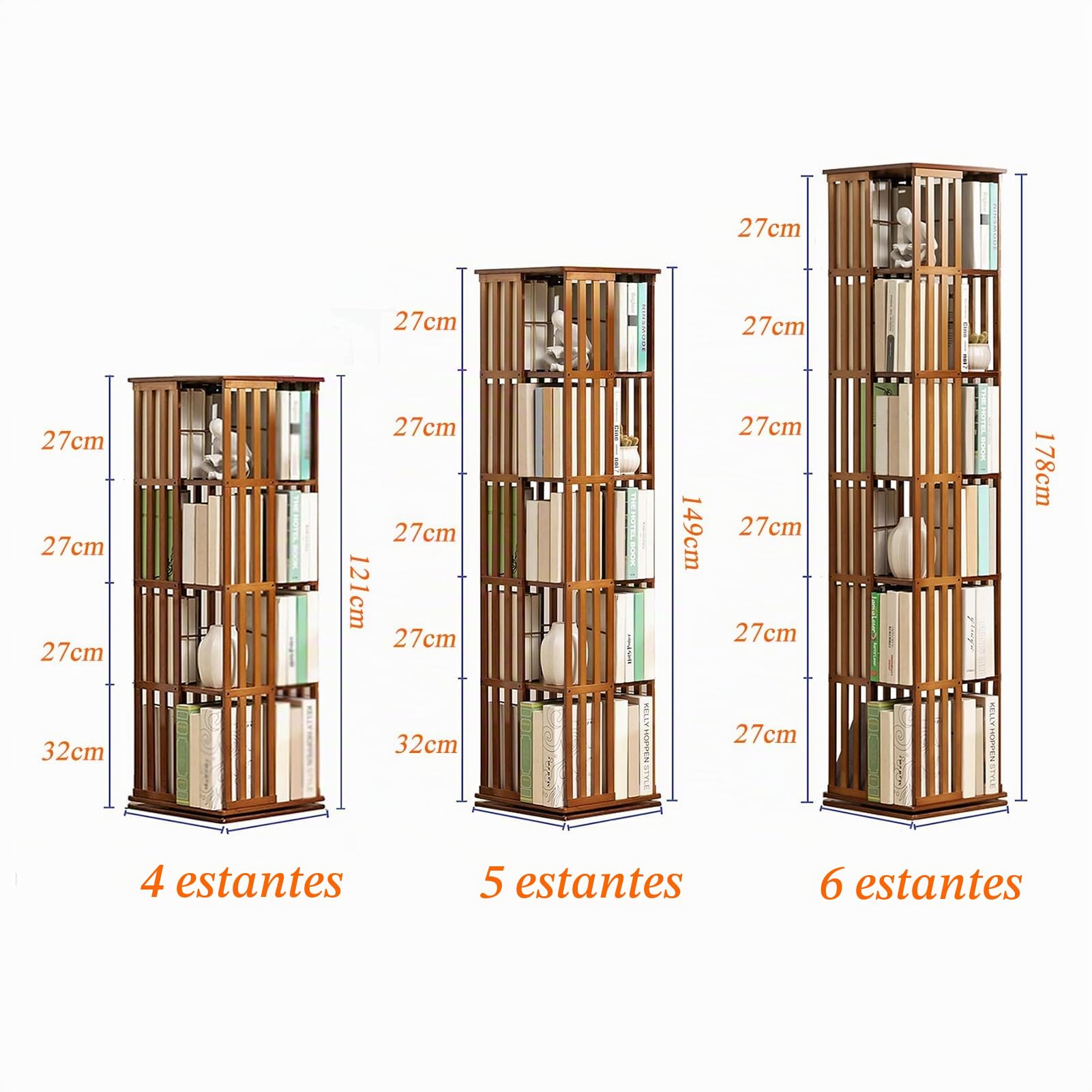 Estantería de Bambú Giratoria 360° – Librero Rotatorio de Esquina de 3/4/5 Niveles, Ahorra Espacio y Autoportante – para Salón, Habitación Infantil y Oficina (6 estantes)