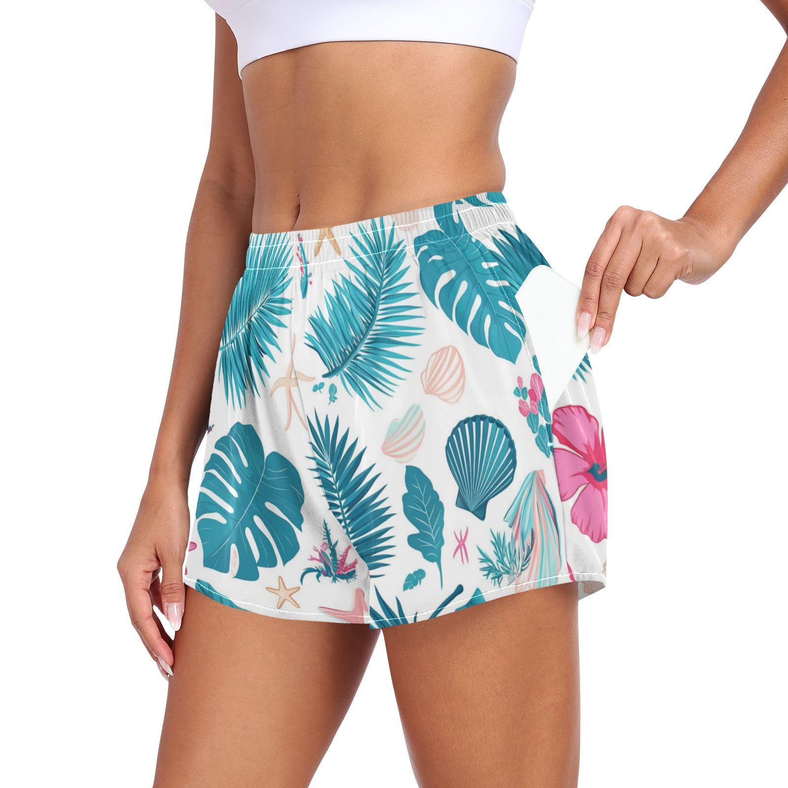 EtherSpher Tropical Red Flowers Palm Leaves Starfish Bright Turquoise Athletic Shorts for Women Loose&Comfy Lady Yoga Shorts for Biking Surfing Vacation Swim Party Short para Mujer L