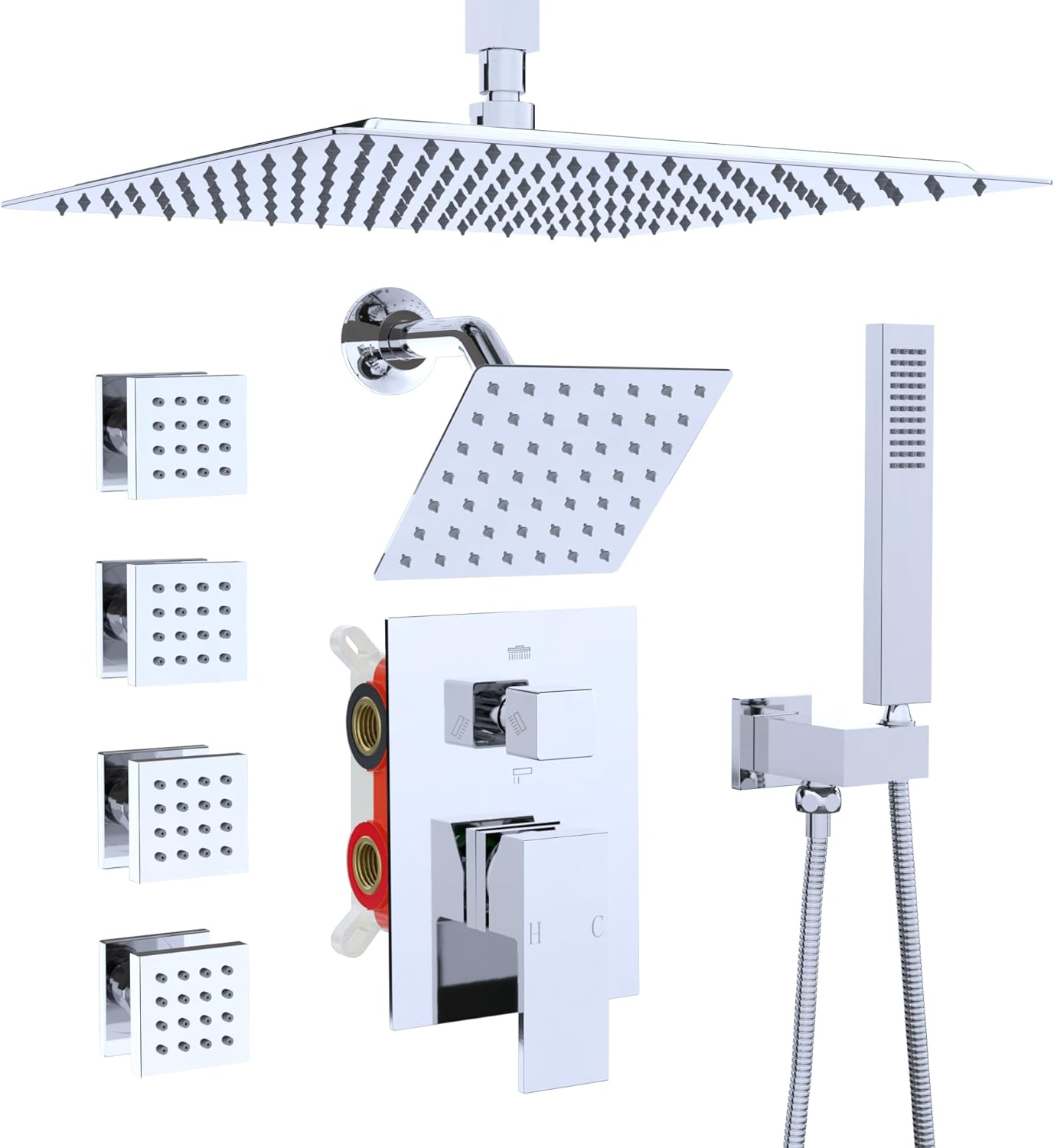 Enga Dual Shower Head Shower System with Body Jets, 12" Ceiling Mounted Rain Shower Head & 6" Wall Mounted Head Full Body Rainfall Shower Faucet with Valve Kit, Chrome