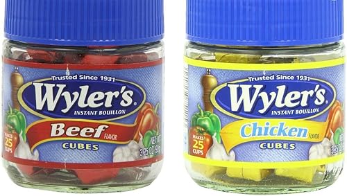 Wyler's Paquete combinado de cubos de caldo  Un sabor a carne de res de 3.25 onzas y un sabor de pollo 3.25 onzas disponible en Yaxa Venezuela