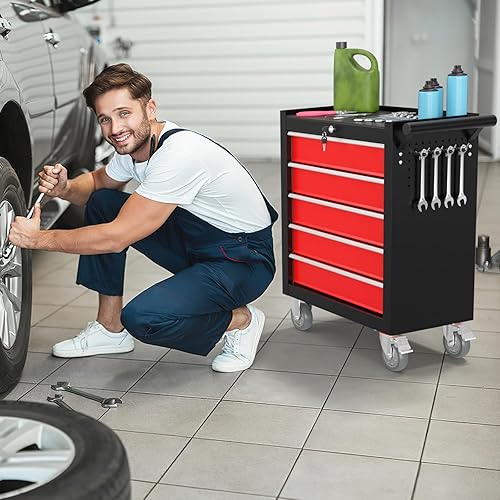 Miniatura 8 de Cofre de herramientas con ruedas de 5 cajones, caja de herramientas con 4 ruedas y cajones, gabinete de almacenamiento de herramientas móvil