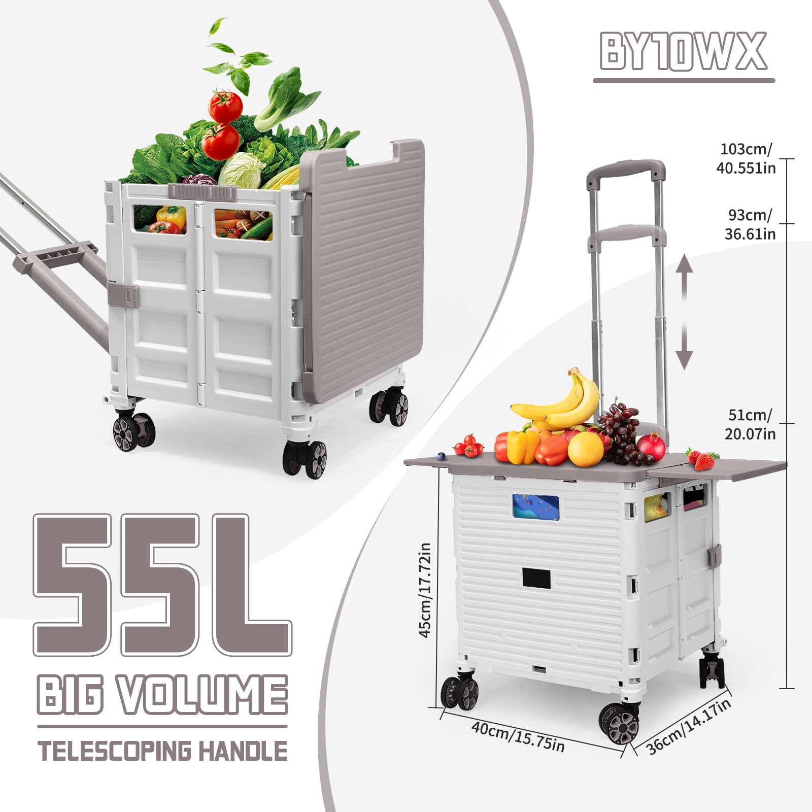 Carrello Pieghevole 55L/176lbs, Trolley Piano, Coperchio Magnetico