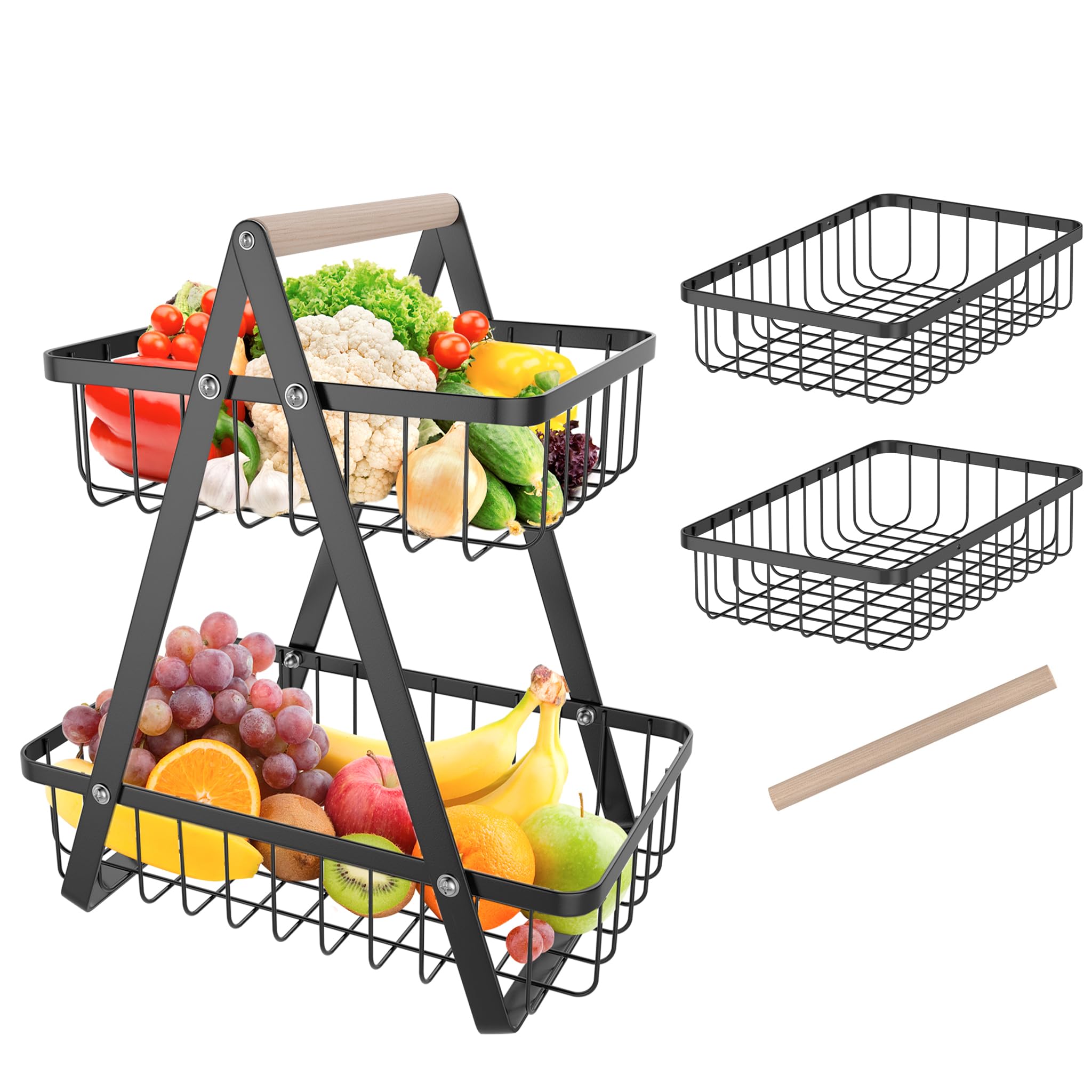 FIVMEN Alzata per Frutta e Verdura a 2 Ripiani, Nera con Manico in Legno e Cestino in Metallo Vuoto Rimovibile, Cestino per Pane, Frutta, Verdura e Snack