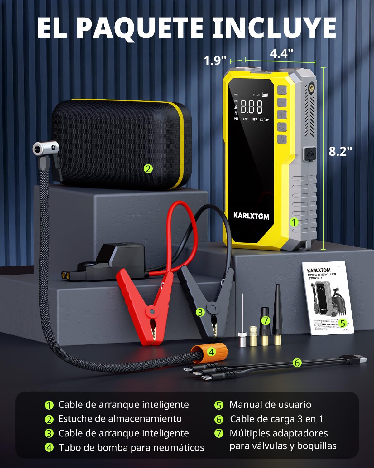 Karlxtom Arrancador de Baterias de Coche 4500A, Compresor de Aire de 190 PSI (Toda Gasolina o 10L Diésel)，12V Arrancador de Coches, Linterna LED de 500 Lúmenes, Pantalla LCD