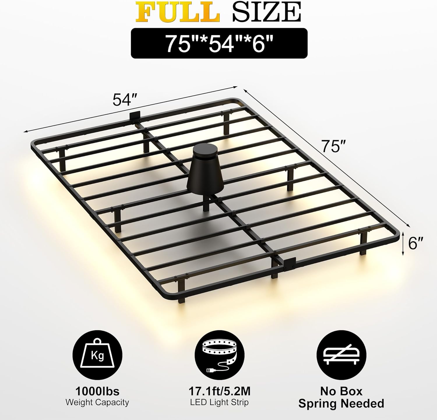 full floating bed frame with led lights, heavy duty metal platform bed with anti-slip mattress holder, easy assembly, no box spring needed, noise free for bedroom full led light