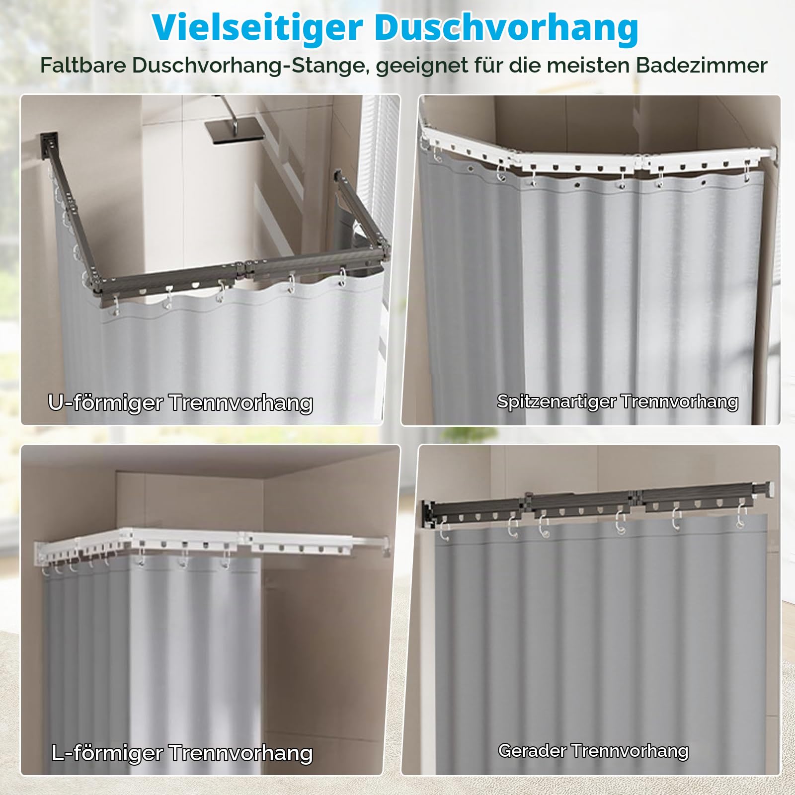 Faltbare Duschvorhangstange Ohne Bohren mit Wasserdichtem Duschvorhang, Drehbare Duschstange L-Form U-Form oder Gerade, Duschvorhang mit Stange für Badezimmer Badewanne (Grau, 5-fach faltbar)