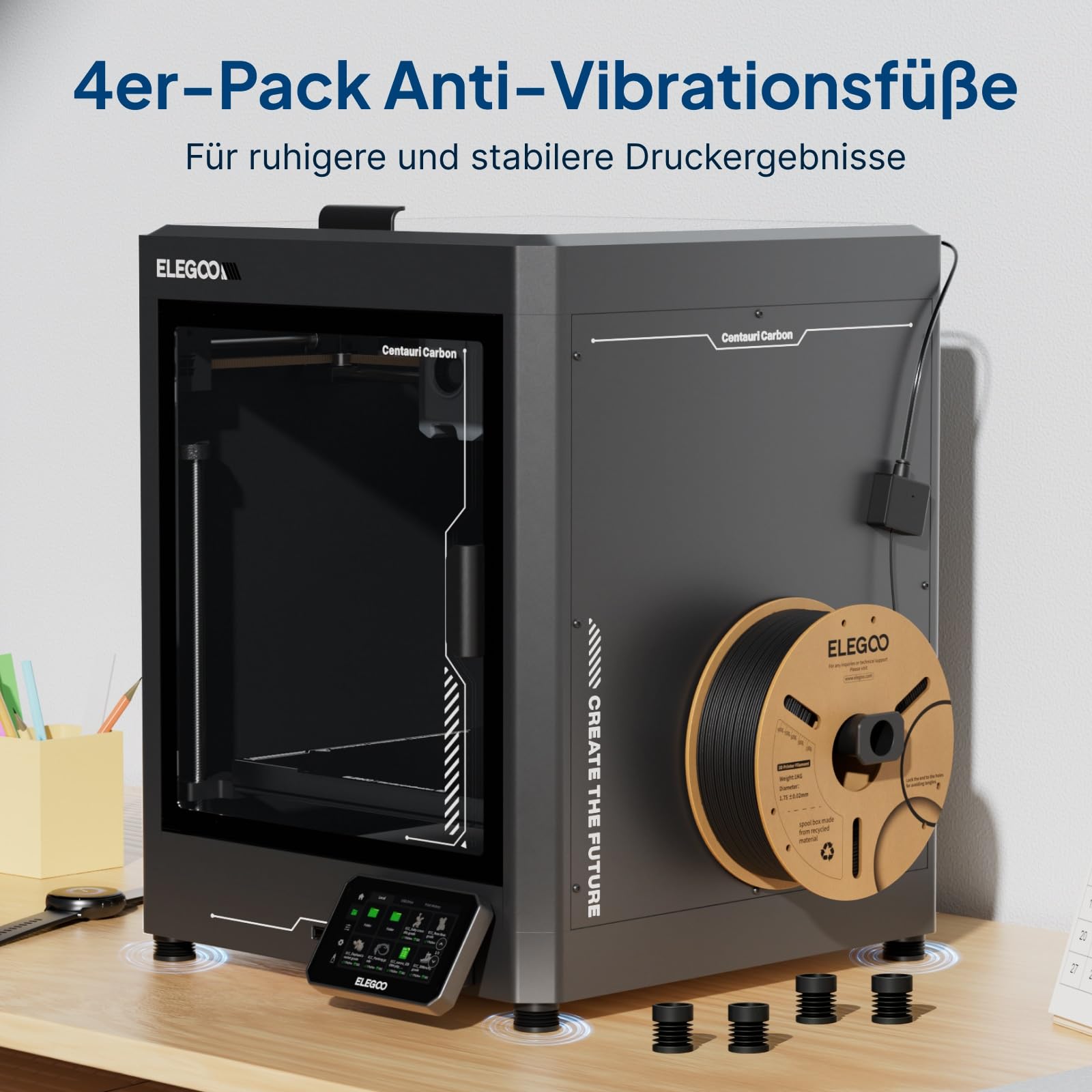 ELEGOO 3D Printer Starter Kit Für Centauri Carbon Mit PLA Filament, Beidseitigem Bauplatten-Set, Haftkleber, 0.4mm Gehärtetem Stahl-Düsenkit Und Anti-Vibrationsfüßen