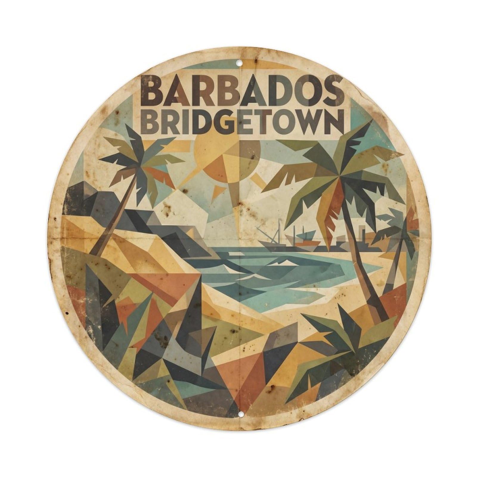 Olyhtr 8X8inch Classic Style Barbados Bridgetown Beach Destination Angular Geometry Metal Tin Sign