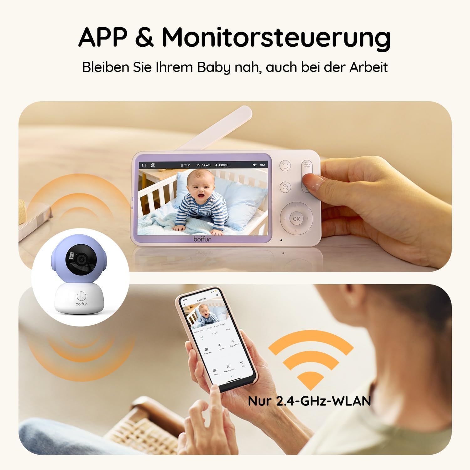 BOIFUN 2026 2K/3MP Babyphone mit Kamera WLAN, Nachtsicht ohne Sichtbares Licht, 5" Video Babyfon mit App, 360° Automatische Verfolgung, Weinen-, Bewegungs- und Geräuscherkennung, Temperaturerkennung