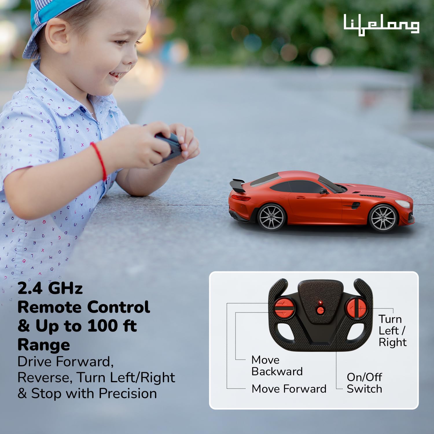Lifelong Rechargeable Remote Control Car for Kids|2.4GHz, LED Headlights, Upto 120 min Non-Stop Play Time, 125ft Remote Range, Type-C Charging, Anti-Skid Tyres, BIS Certified (LLCRRC01) (Red) — Amazon image 2