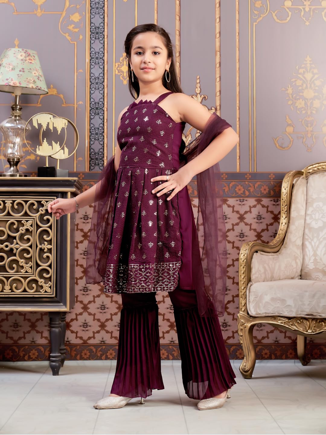 Aarika Girls Ethnic Wear Wine Colour Sequin Embroidery Georgette Kurta Sharara Set With Dupatta-3-13 Years (Sh-Shm-5002)