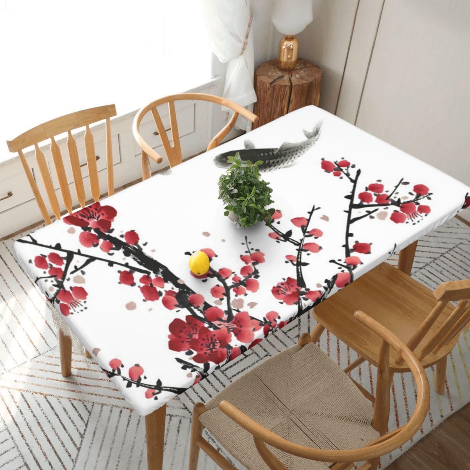 DCEHGEW Elastic Fitted Rectangle Tablecloth for 5ft Tables, Watercolor Flower Fish Ink Printed Oilproof & Washable Fabric Picnic Table Cloth Table Covers