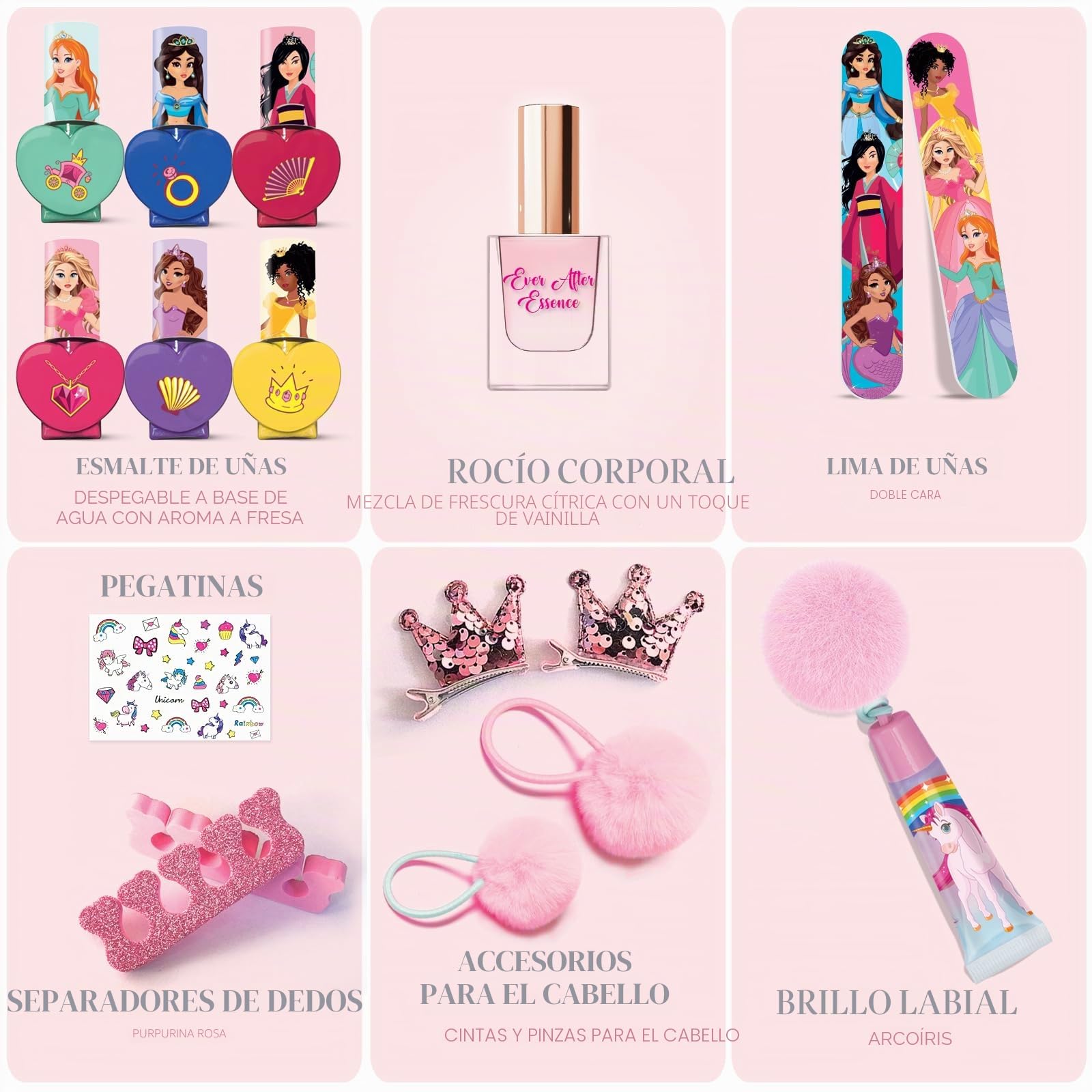 Set de Belleza para Niñas con 6 Esmaltes Pelables a Base de Agua No Tóxicos y Accesorios: Bruma Corporal, Brillo Labial, Pinzas para el Cabello, Pegatinas para Uñas, Artículos de Manicura y Pedicura