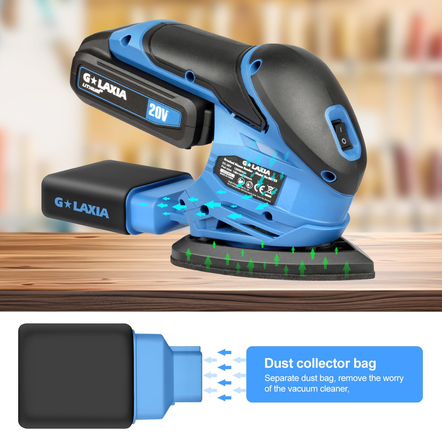 Ponceuses de détail sans fil 20 V Li-ion 12 000 tr/min avec système de collecte de poussière, 20 papiers abrasifs, batterie et chargeur inclus, plus adaptées pour le polissage du bois, des