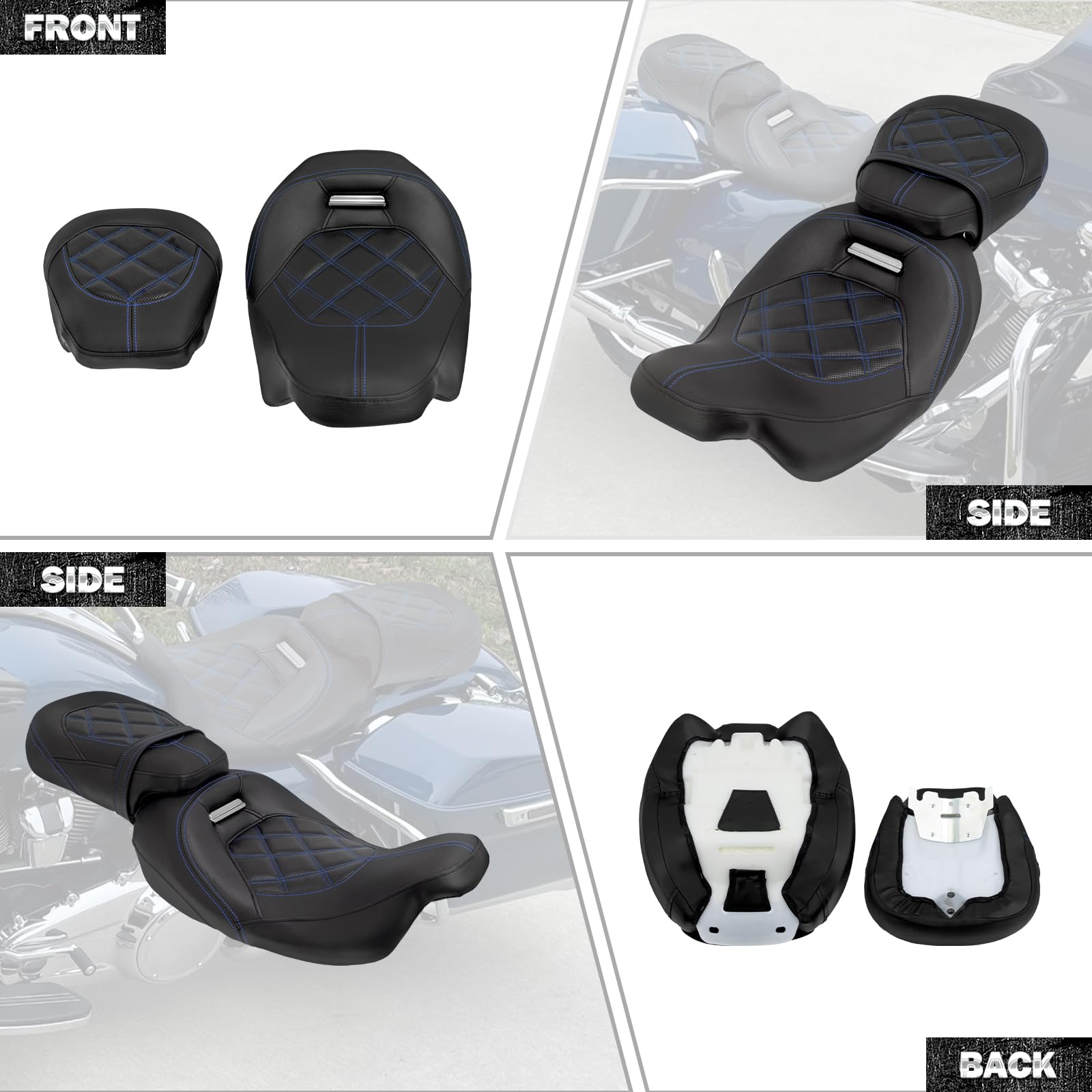 Niskoprofilowy zestaw siodełka pasażera pasuje do Harley Touring Road King FLHR Street Glide FLHX Road Glide FLTRX CVO Street Glide FLHXSE Electra Glide 2009-Później (niebieskie szwy)