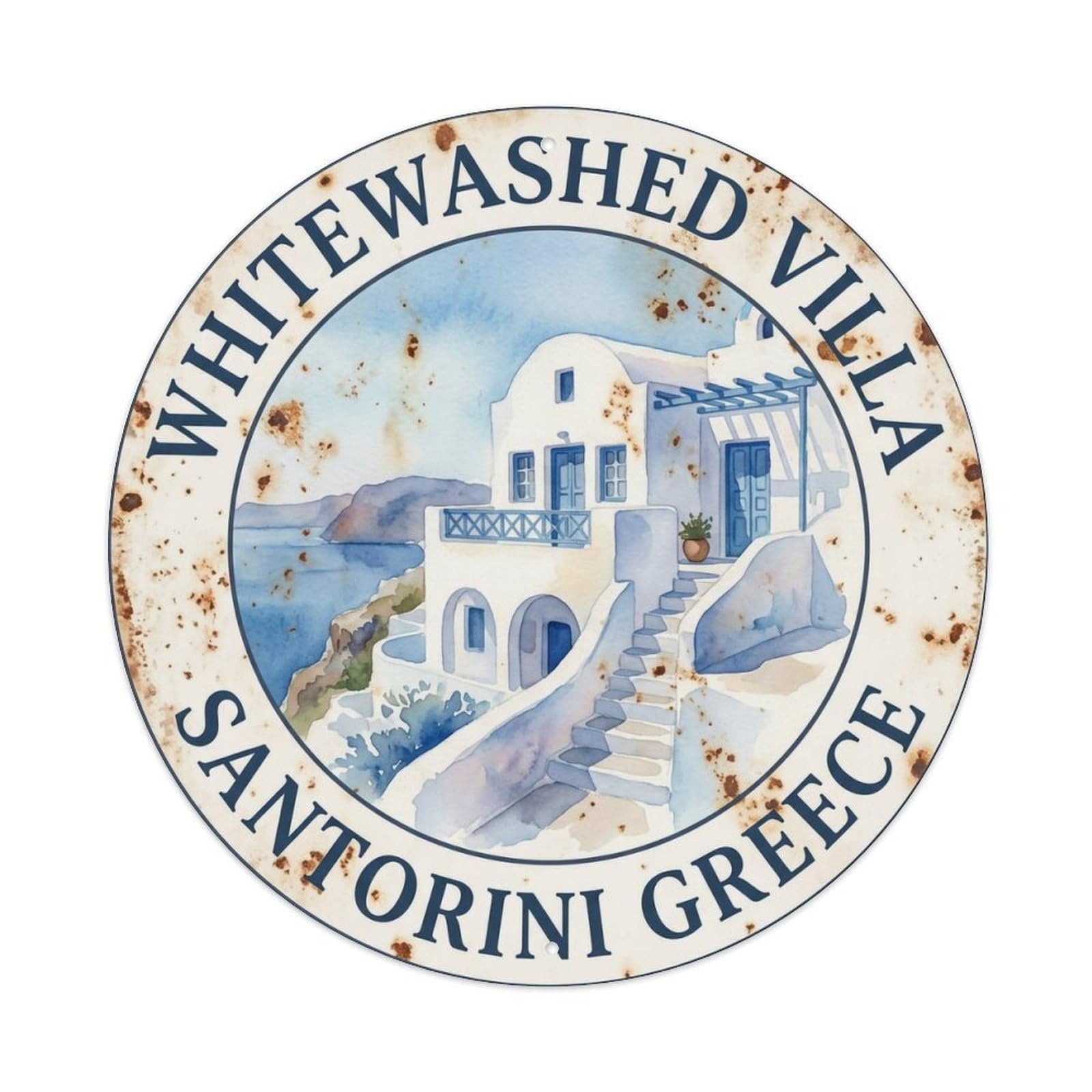 Vintage Travel Villa Santorini Whitewashed 2 Metal Tin Sign