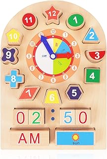 Wooden Shape Color Sorting Clock - Teaching Time Number Blocks Puzzle Montessori Toy Early Educational Time Clock Toy for Kids - Colors and Shapes Sorter for 1 2 3 Year Old Kids Fine Motor Skills