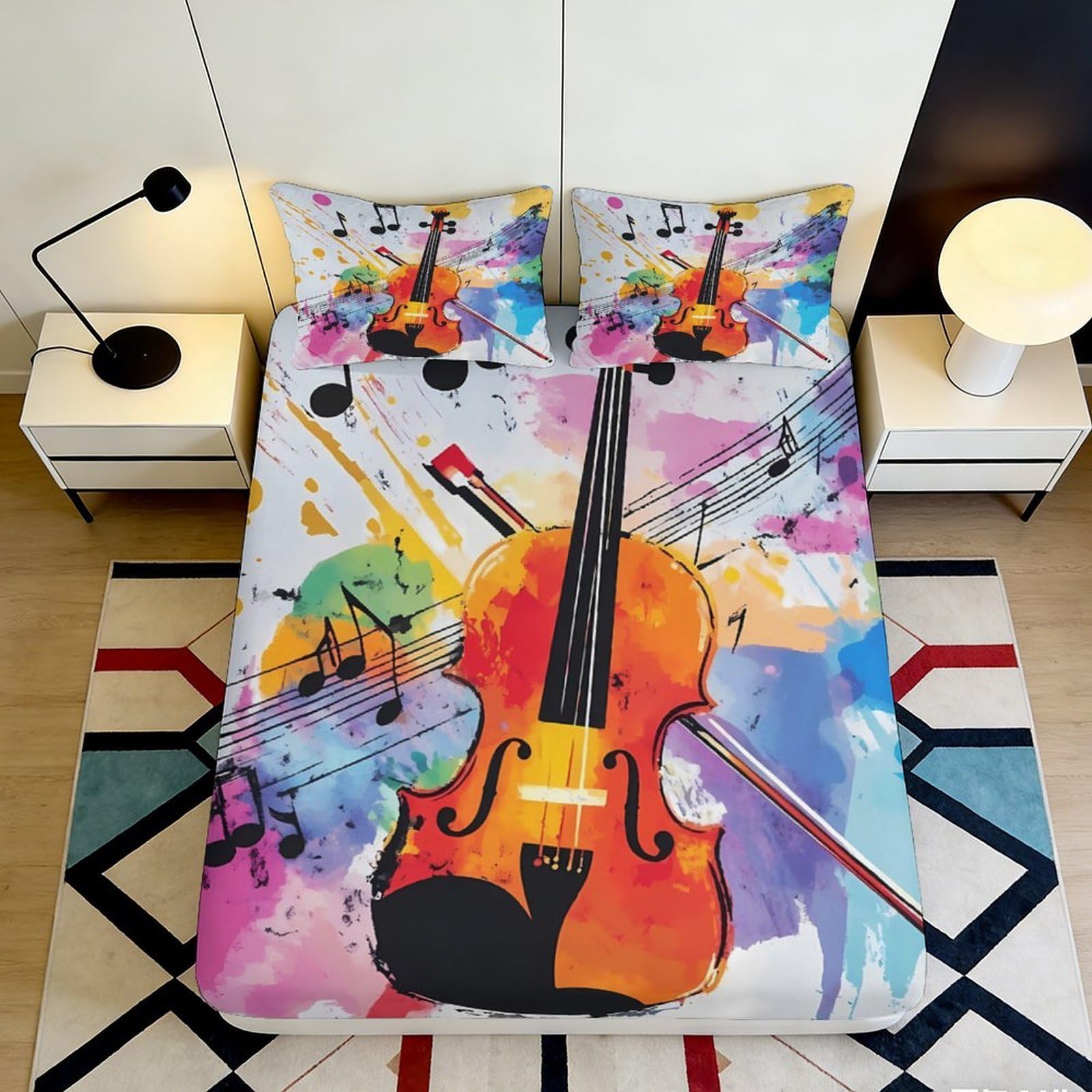 3D Printed Artistic Violin Fitted Sheet Microfiber Colorful Music Notes Bed Cover for Bedroom Guest Room Decor 90x200x25cm