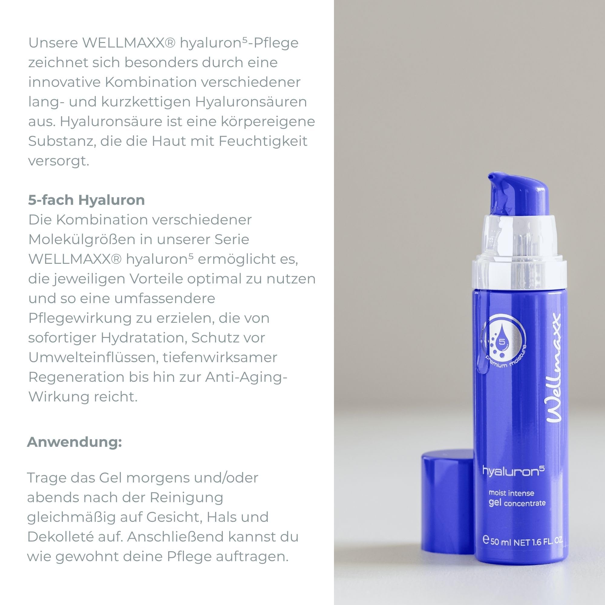 WELLMAXX® hyaluron⁵ moist intense gel concentrate I Gesichtsgel I 50 ml | 5-fach Hyaluronsäure, Feuchtigkeitsbooster, parfumfrei, vegan, Made in Germany