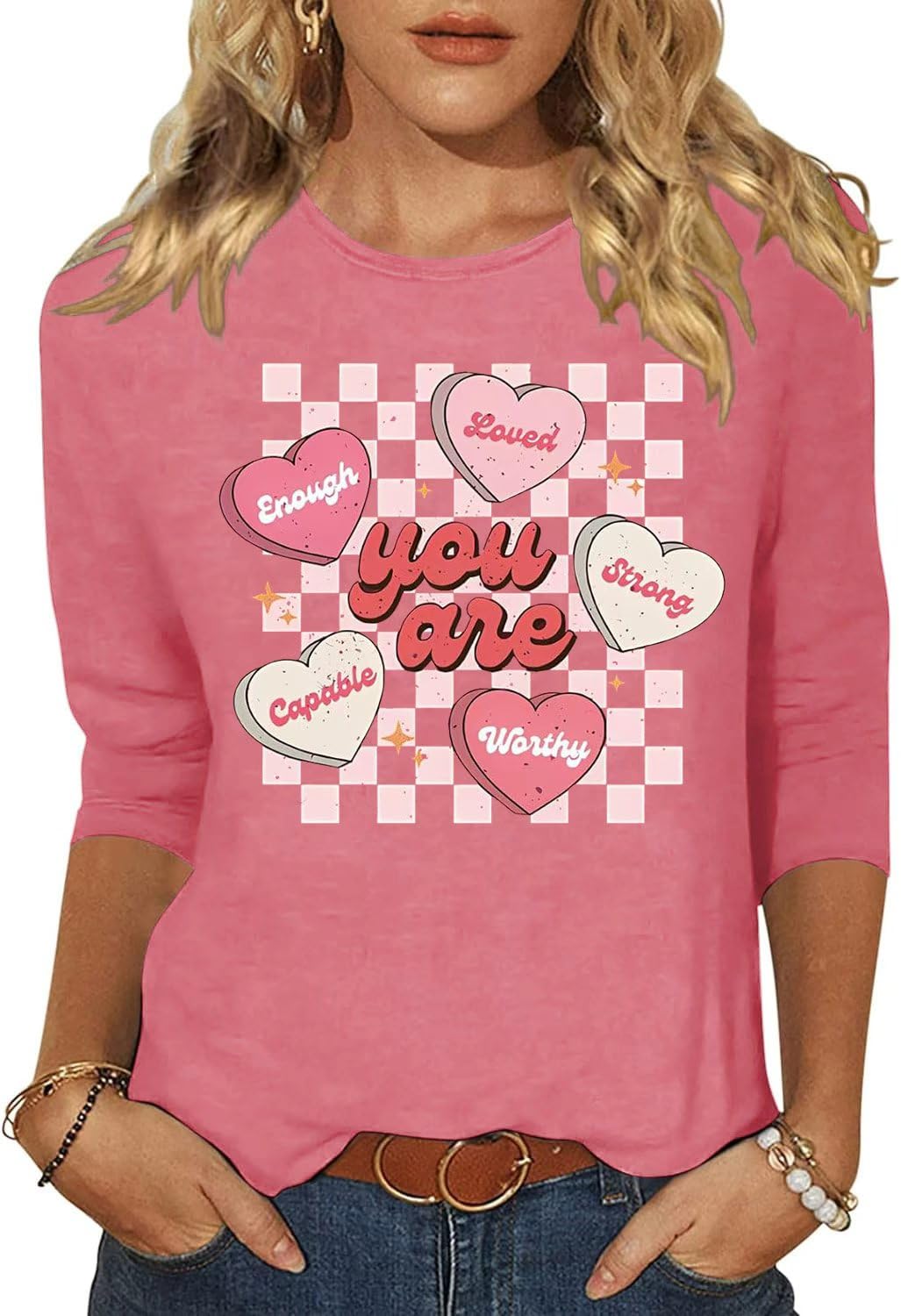 Women's Valentine 3/4 Sleeve Round Neck Shirt Funny Love Heart Graphic Tee Casual Couple Top Blouse